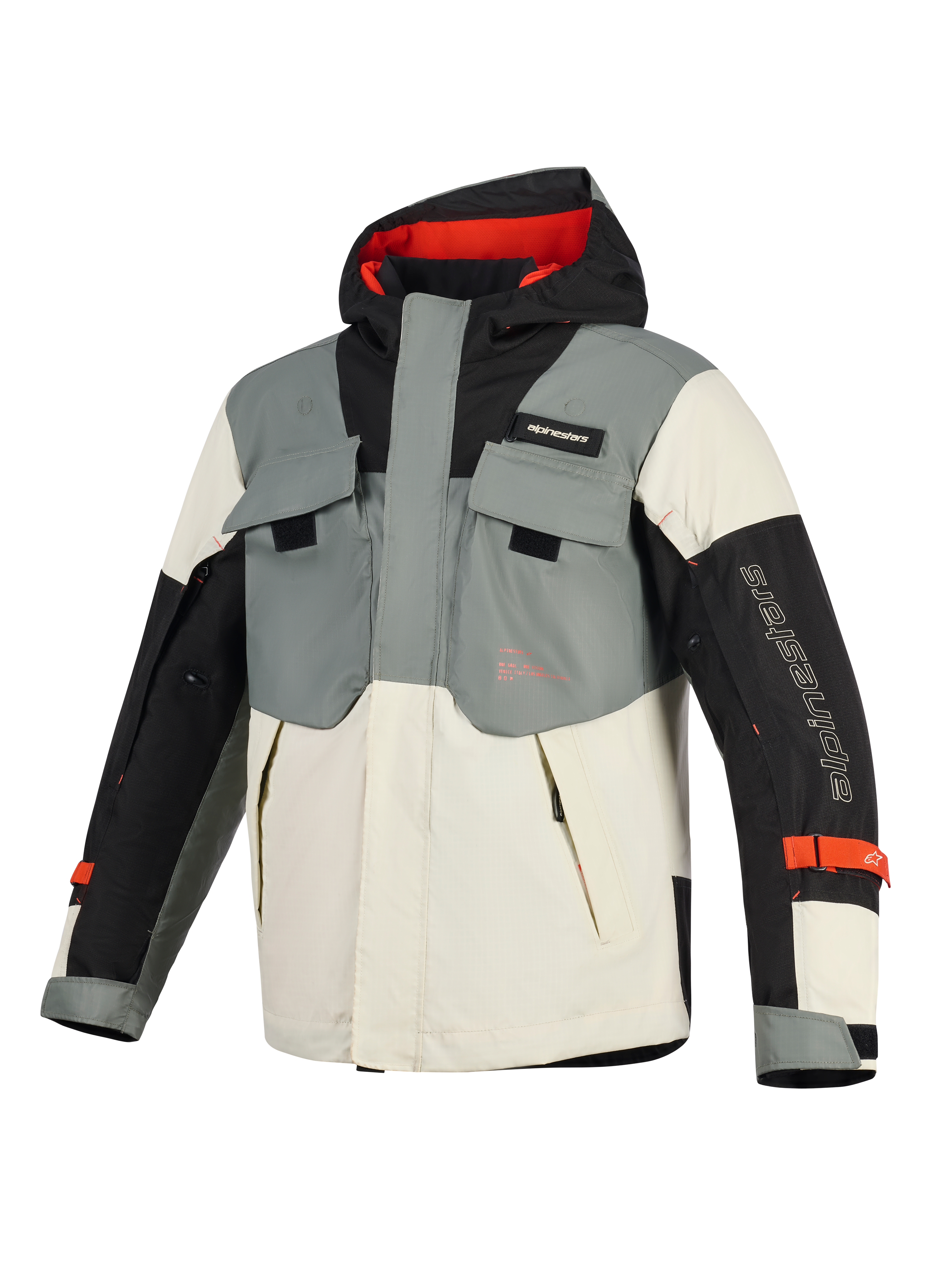 Kurtka wodoodporna Alpinestars Mospher, parka motocyklowa, Fur Gray Black Ice, charakteryzująca się taktycznym designem z wieloma kieszeniami, fasonem z kapturem z czerwonym wnętrzem oraz brandingiem Alpinestars na rękawie
