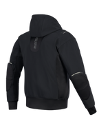 Alpinestars Moblast Waterproof Jacket, Rear View, Black, urban motorcycle hoodie with vertical branding on the back, technical softshell and ripstop construction featuring a fixed hood and external elbow protector zippers