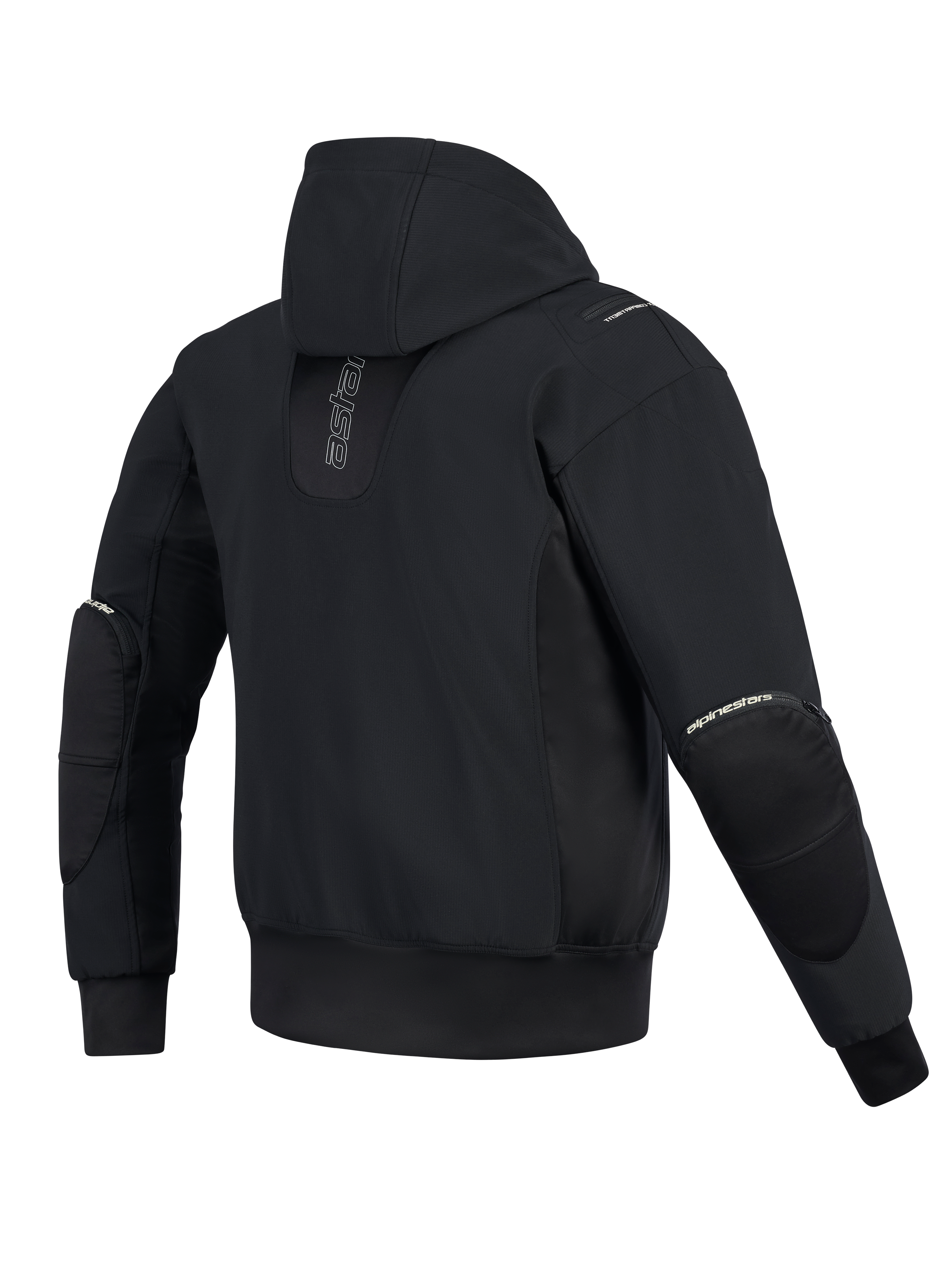 Alpinestars Moblast Waterproof Jacket, Rear View, Black, urban motorcycle hoodie with vertical branding on the back, technical softshell and ripstop construction featuring a fixed hood and external elbow protector zippers