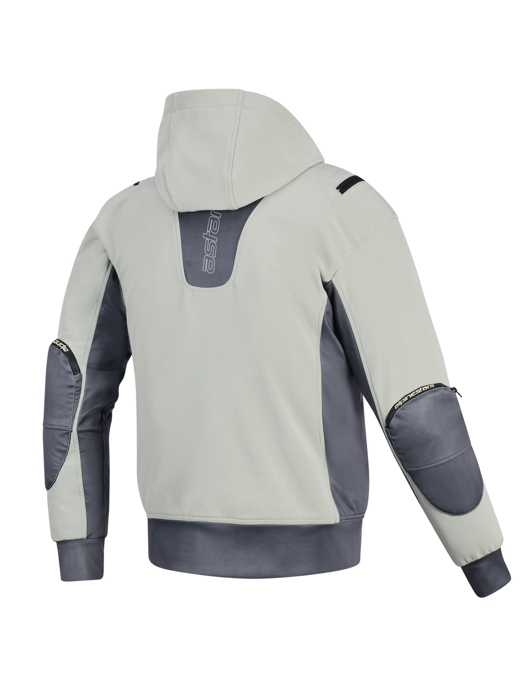 Kurtka Alpinestars Moblast Waterproof, widok z tyłu, kolor Iron Gray i Dark Sage, motocyklowa bluza z kapturem z korpusem w kolorze jasnej szałwii i ciemnoszarymi akcentami, pionowe logo na plecach, widoczne zamki ochraniaczy łokci i elastyczny pas