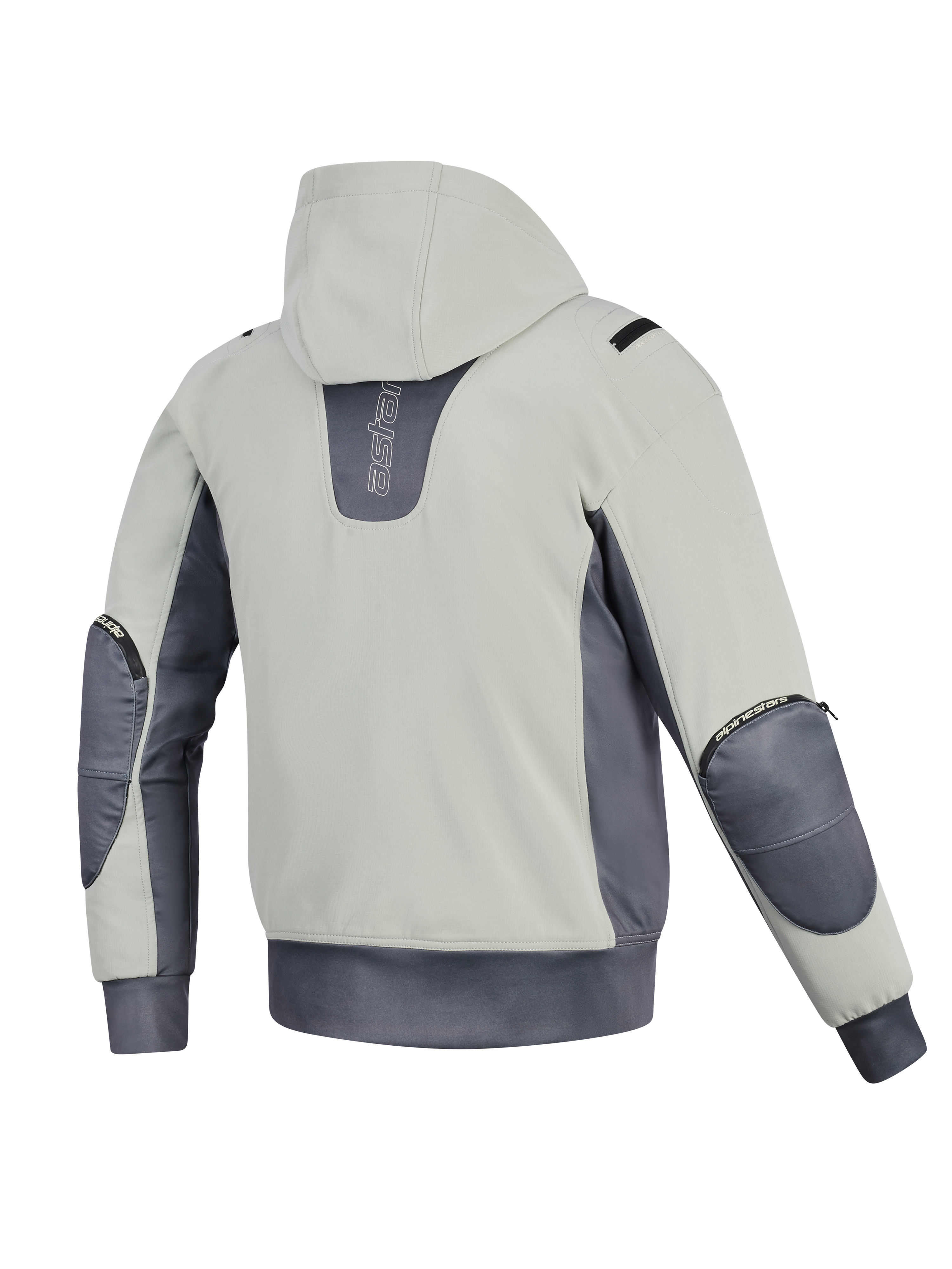 Kurtka Alpinestars Moblast Waterproof, widok z tyłu, kolor Iron Gray i Dark Sage, motocyklowa bluza z kapturem z korpusem w kolorze jasnej szałwii i ciemnoszarymi akcentami, pionowe logo na plecach, widoczne zamki ochraniaczy łokci i elastyczny pas