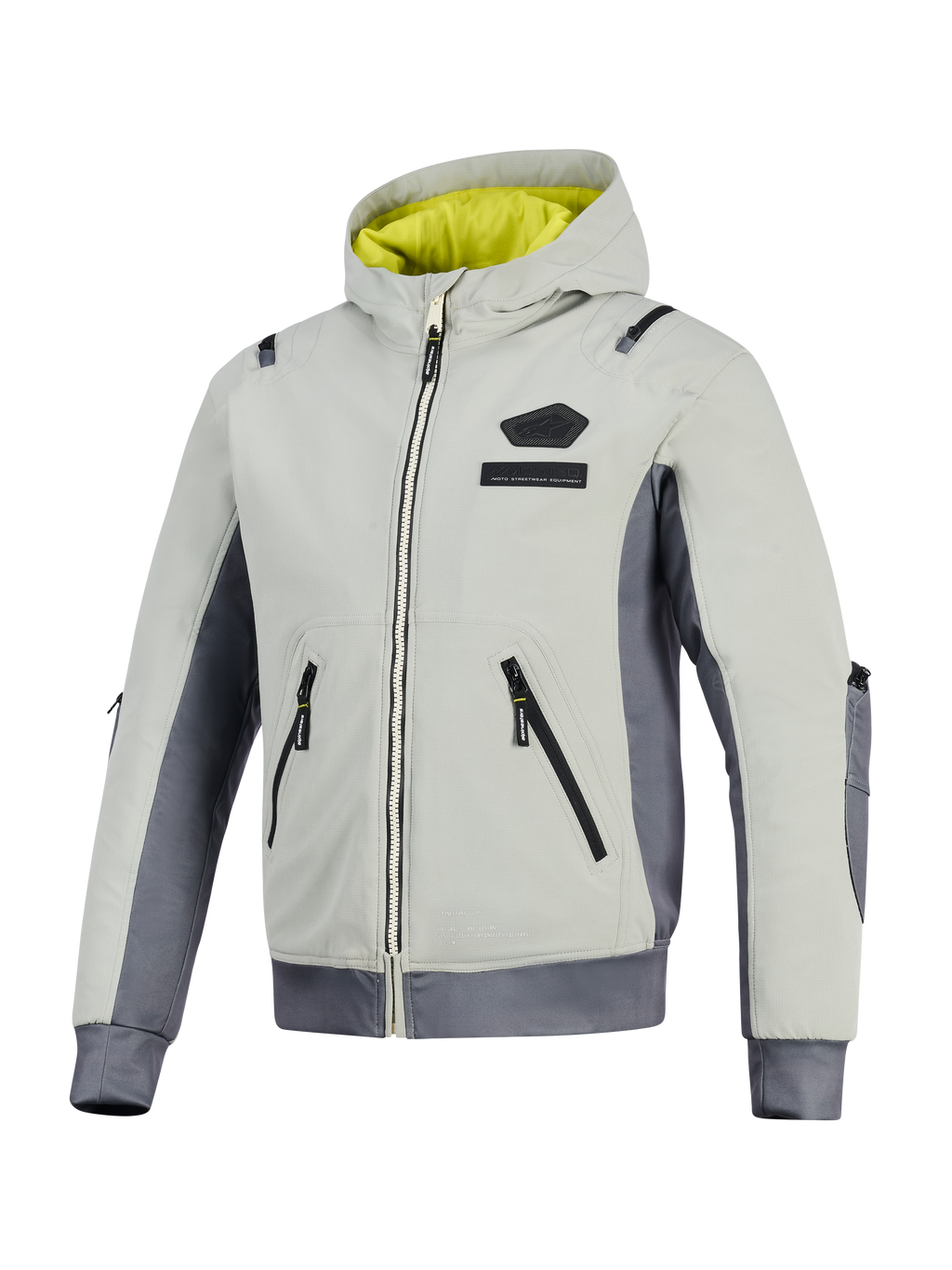 Alpinestars Moblast Waterproof Jacket, Iron Gray i Dark Sage, motocyklowa kurtka z kapturem, jaskrawożółta podszewka, jasnoszary tekstylny korpus z ciemnoszarymi panelami bocznymi, wodoodporne zamki i logo na klatce piersiowej