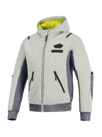 Alpinestars Moblast Waterproof Jacket, Iron Gray i Dark Sage, motocyklowa kurtka z kapturem, jaskrawożółta podszewka, jasnoszary tekstylny korpus z ciemnoszarymi panelami bocznymi, wodoodporne zamki i logo na klatce piersiowej