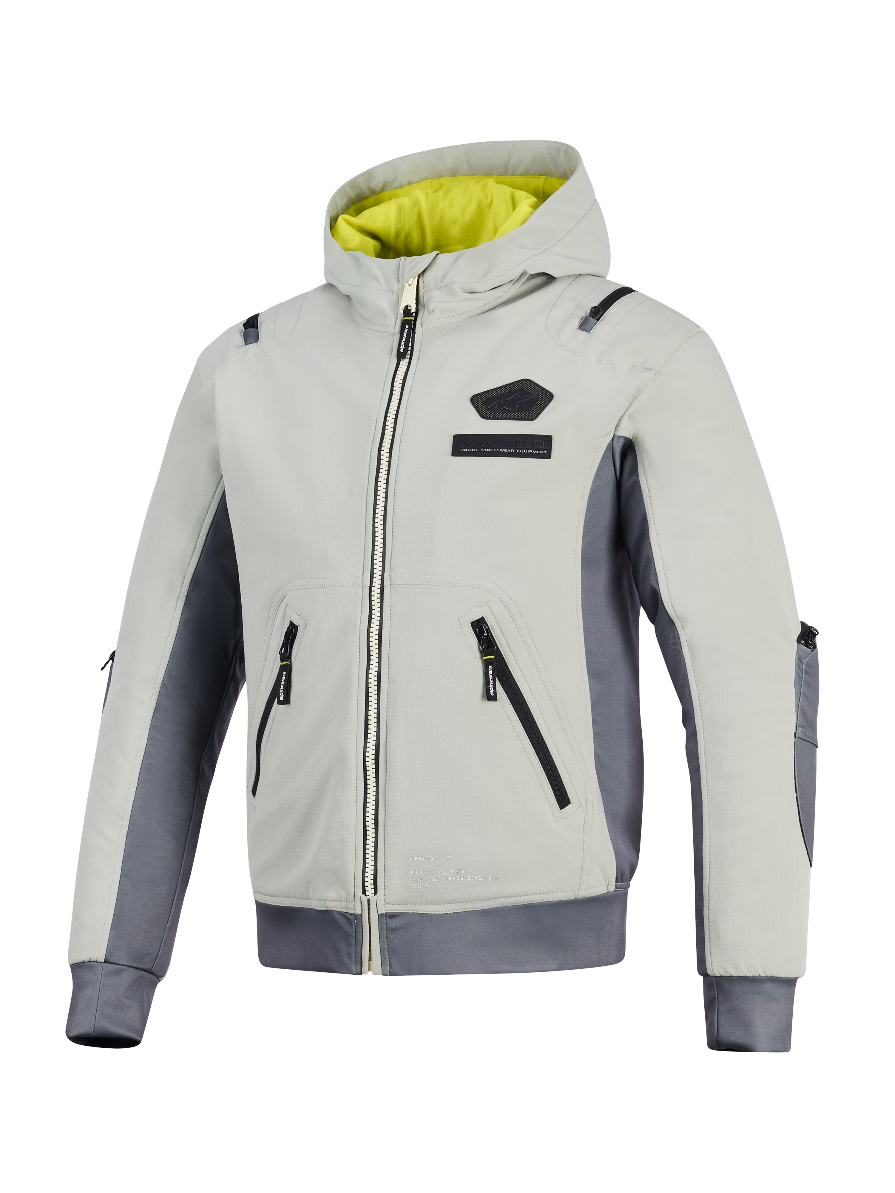 Alpinestars Moblast Waterproof Jacket, Iron Gray i Dark Sage, motocyklowa kurtka z kapturem, jaskrawożółta podszewka, jasnoszary tekstylny korpus z ciemnoszarymi panelami bocznymi, wodoodporne zamki i logo na klatce piersiowej