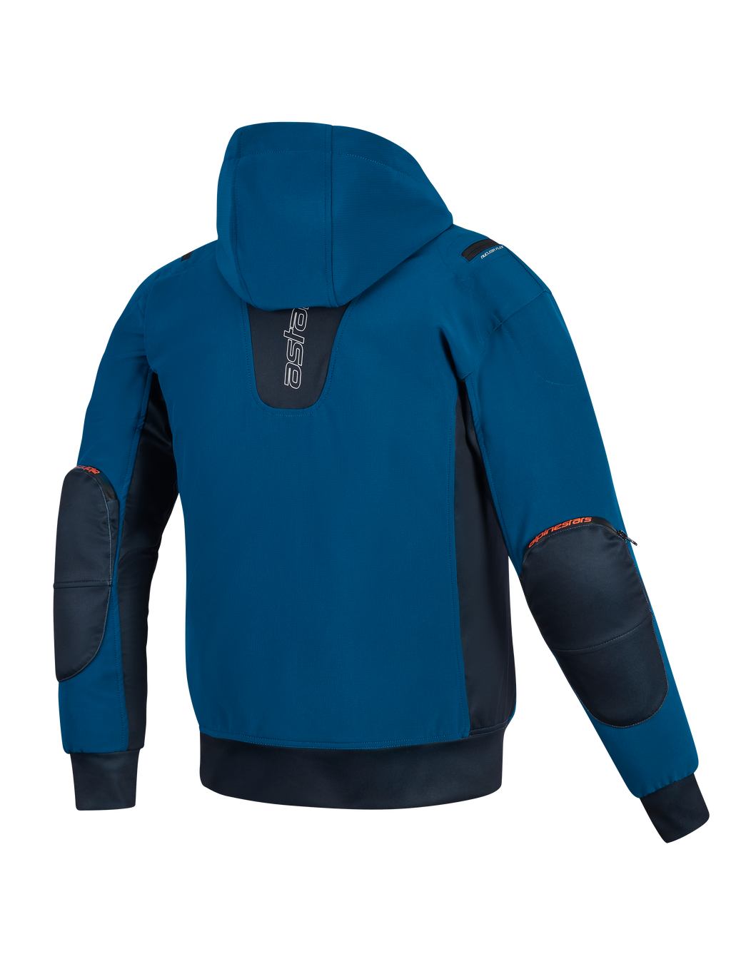 Alpinestars Moblast Waterproof Jacket, motocyklowa kurtka z kapturem, kolory ciemny petrol i ciemny granat, widok z tyłu, konstrukcja softshell, ciemnogranatowe panele boczne, wzmocnione ochraniacze łokci z pomarańczowymi detalami logo.