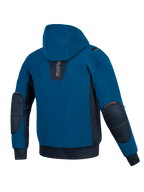 Alpinestars Moblast Waterproof Jacket, motocyklowa kurtka z kapturem, kolory ciemny petrol i ciemny granat, widok z tyłu, konstrukcja softshell, ciemnogranatowe panele boczne, wzmocnione ochraniacze łokci z pomarańczowymi detalami logo.