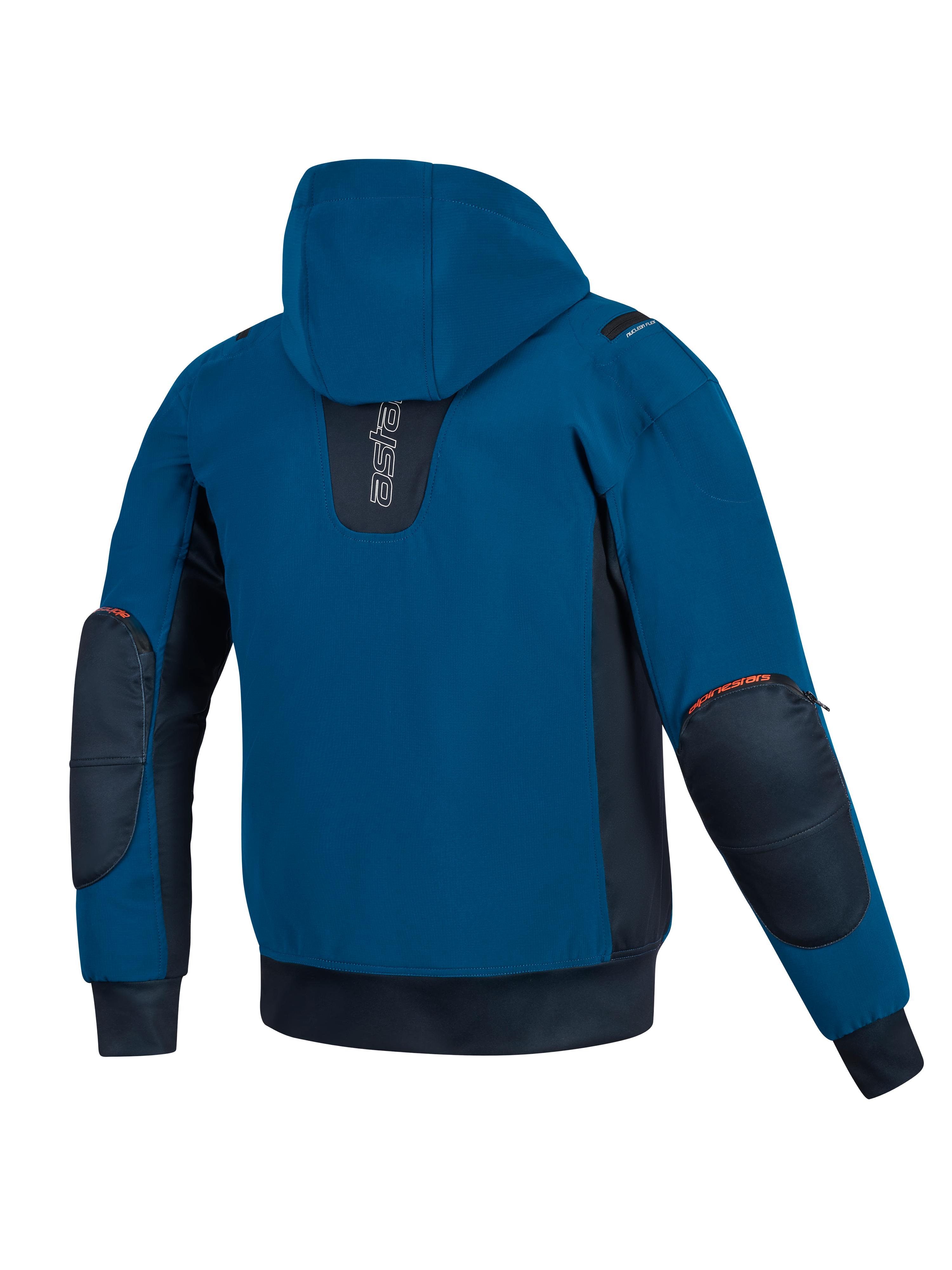 Alpinestars Moblast Waterproof Jacket, motocyklowa kurtka z kapturem, kolory ciemny petrol i ciemny granat, widok z tyłu, konstrukcja softshell, ciemnogranatowe panele boczne, wzmocnione ochraniacze łokci z pomarańczowymi detalami logo.