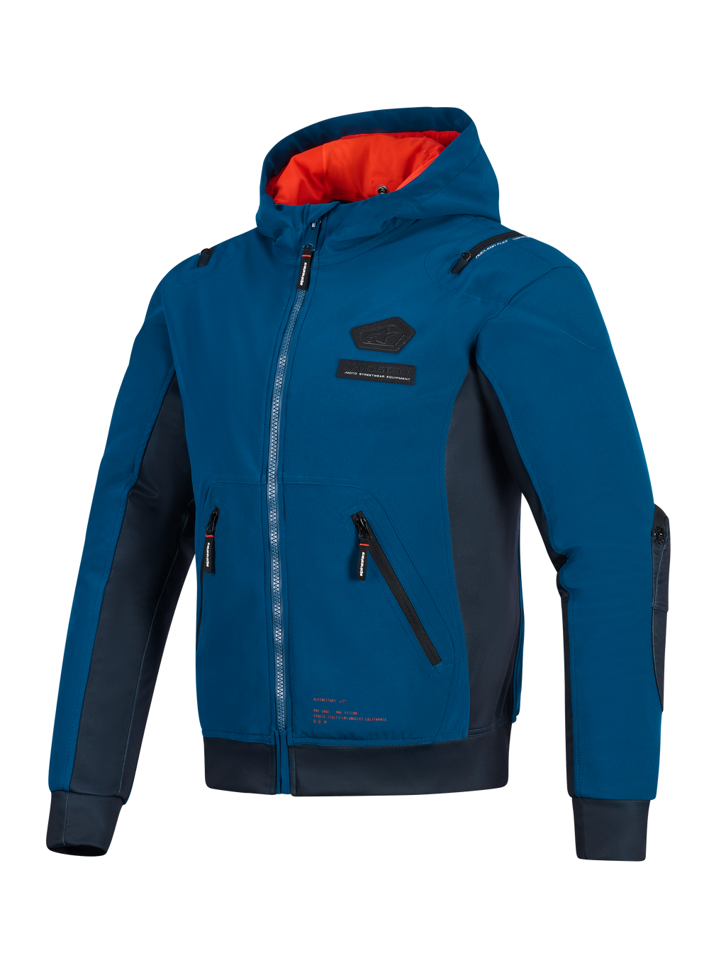 Alpinestars Moblast Waterproof Jacket, miejska bluza motocyklowa, kolory ciemny petrol i ciemny granat, jaskrawopomarańczowa podszewka kaptura, techniczne kieszenie 3D, konstrukcja softshell ripstop, do całorocznych dojazdów