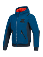 Alpinestars Moblast Waterproof Jacket, miejska bluza motocyklowa, kolory ciemny petrol i ciemny granat, jaskrawopomarańczowa podszewka kaptura, techniczne kieszenie 3D, konstrukcja softshell ripstop, do całorocznych dojazdów
