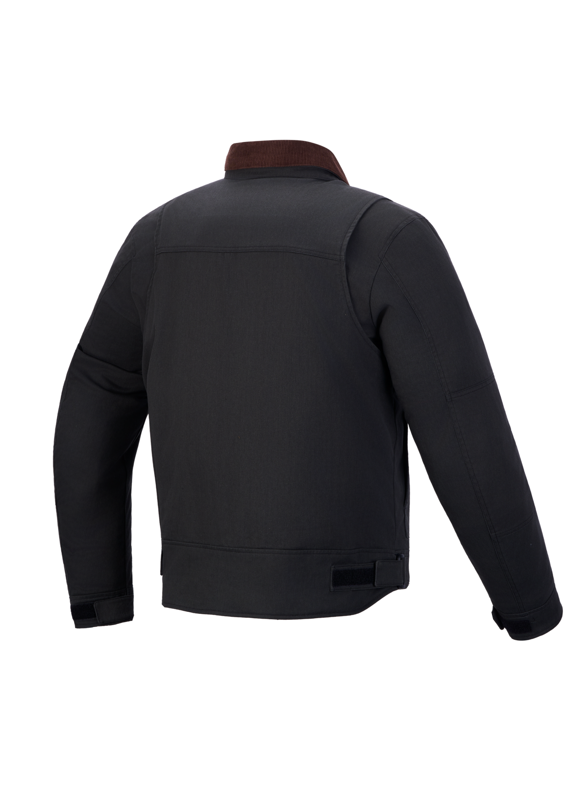 Alpinestars Mustang Waterproof Jacket, męska miejska kurtka motocyklowa, widok z tyłu, ciemny grafit i ciemny brąz, styl roboczy z tkaniny twill i sztruksowym kołnierzem