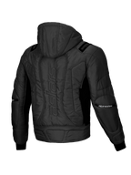 Alpinestars Mohobbs Waterproof Jacket, urban motorcycle bomber jacket, Black, back view showing quilted padding, integrated hood, and astars wordmark