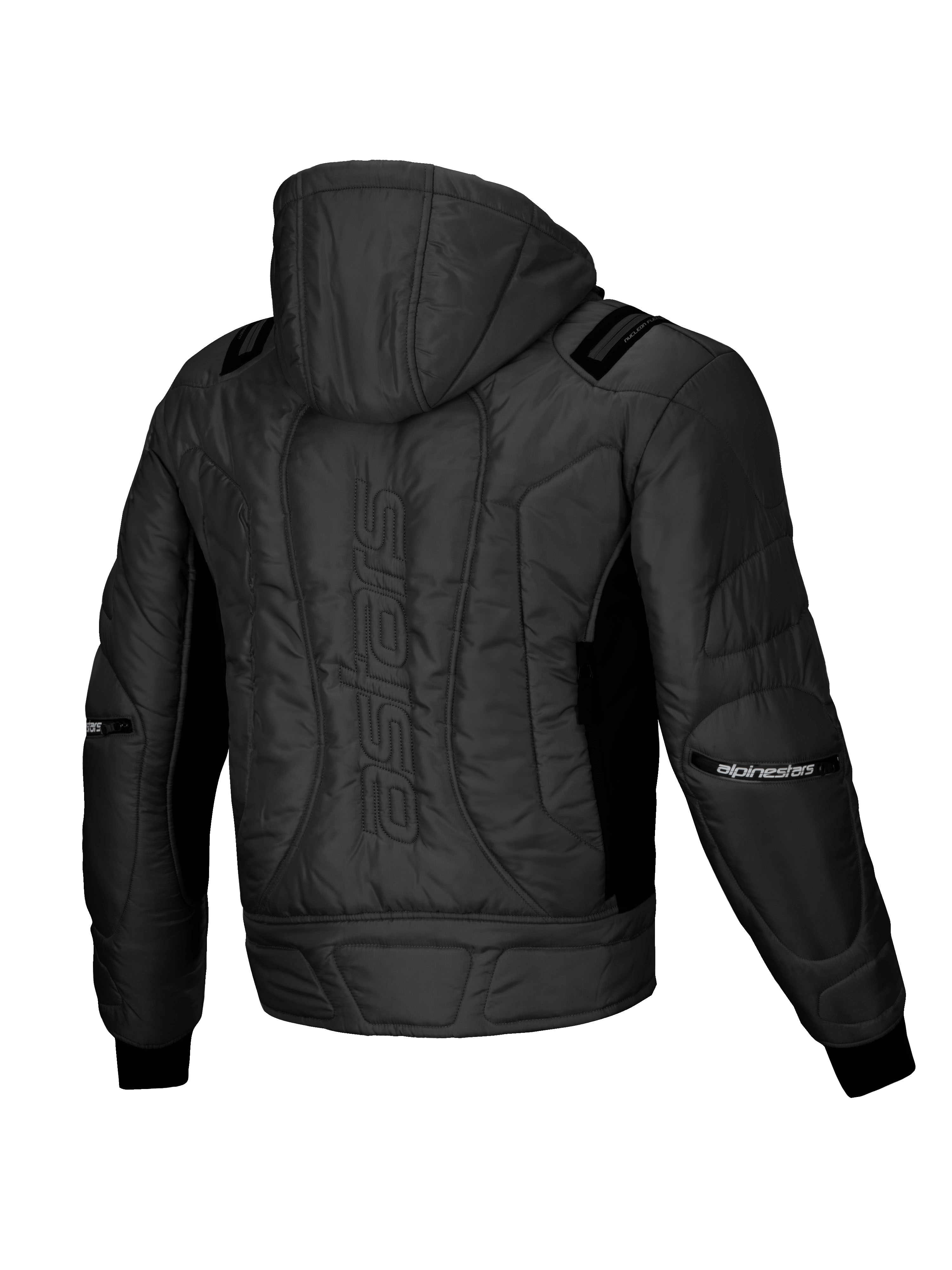 Alpinestars Mohobbs Waterproof Jacket, urban motorcycle bomber jacket, Black, back view showing quilted padding, integrated hood, and astars wordmark