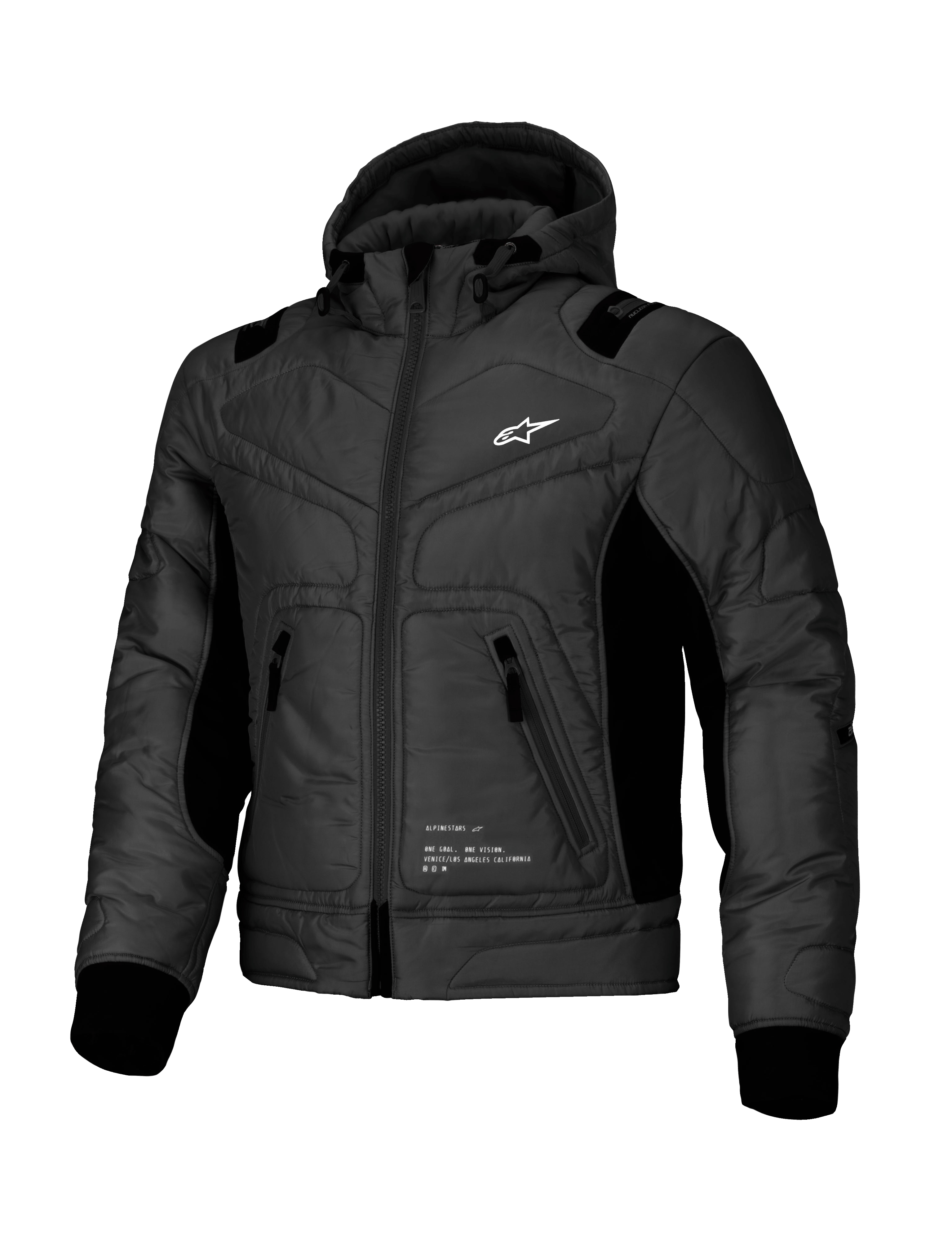Alpinestars Mohobbs Waterproof Jacket, urban motorcycle bomber in Black, featuring quilted poly fabric construction, integrated hood, and CE-certified protection