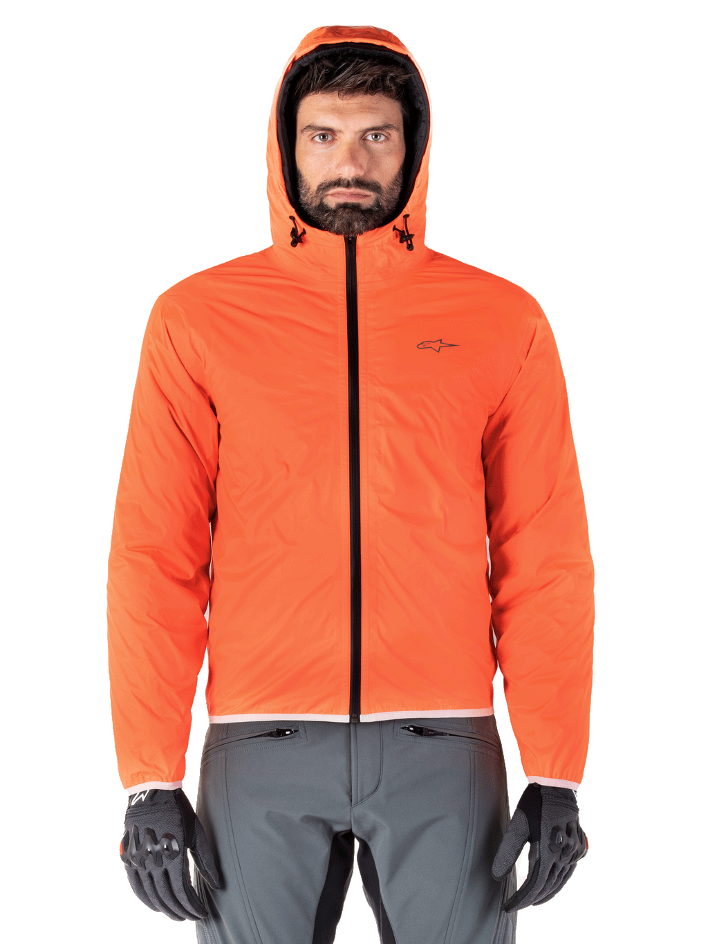 Alpinestars Mohobbs Waterproof Jacket, motocyklowa pikowana kurtka bomberka, czarna i pomarańczowa fluo, pikowany design z kapturem sztormowym, odzież motocyklowa inspirowana miejskim stylem streetwear