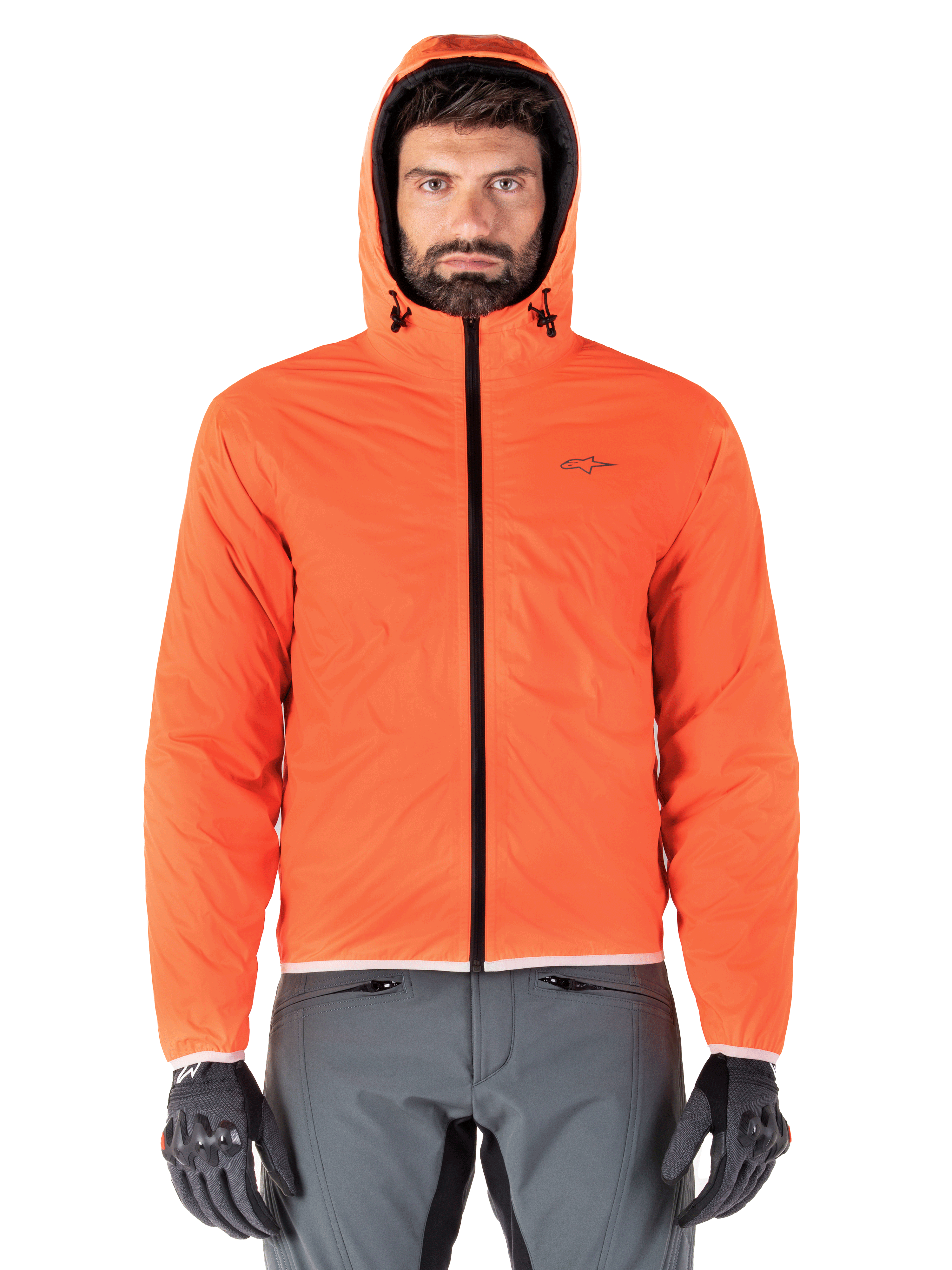 Alpinestars Mohobbs Waterproof Jacket, motocyklowa pikowana kurtka bomberka, czarna i pomarańczowa fluo, pikowany design z kapturem sztormowym, odzież motocyklowa inspirowana miejskim stylem streetwear