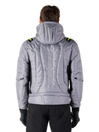 Alpinestars Mohobbs Waterproof Jacket, back view, Lunar Gray with Lime Punch accents, quilted padded construction with vertical astars wordmark, hooded bomber style for urban motorcycle riding