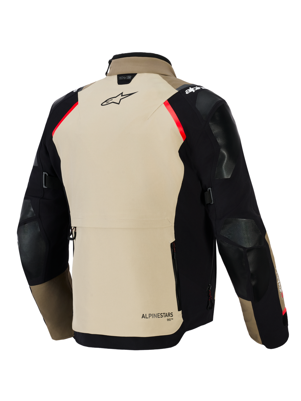 Kurtka Alpinestars Andes Pro Drystar® XF, widok z tyłu, kolor orzechowy i czarny z czerwonymi akcentami, wzmocnione panele na ramionach i łokciach, duża tylna kieszeń bagażowa, branding Alpinestars, odzież motocyklowa adventure touring