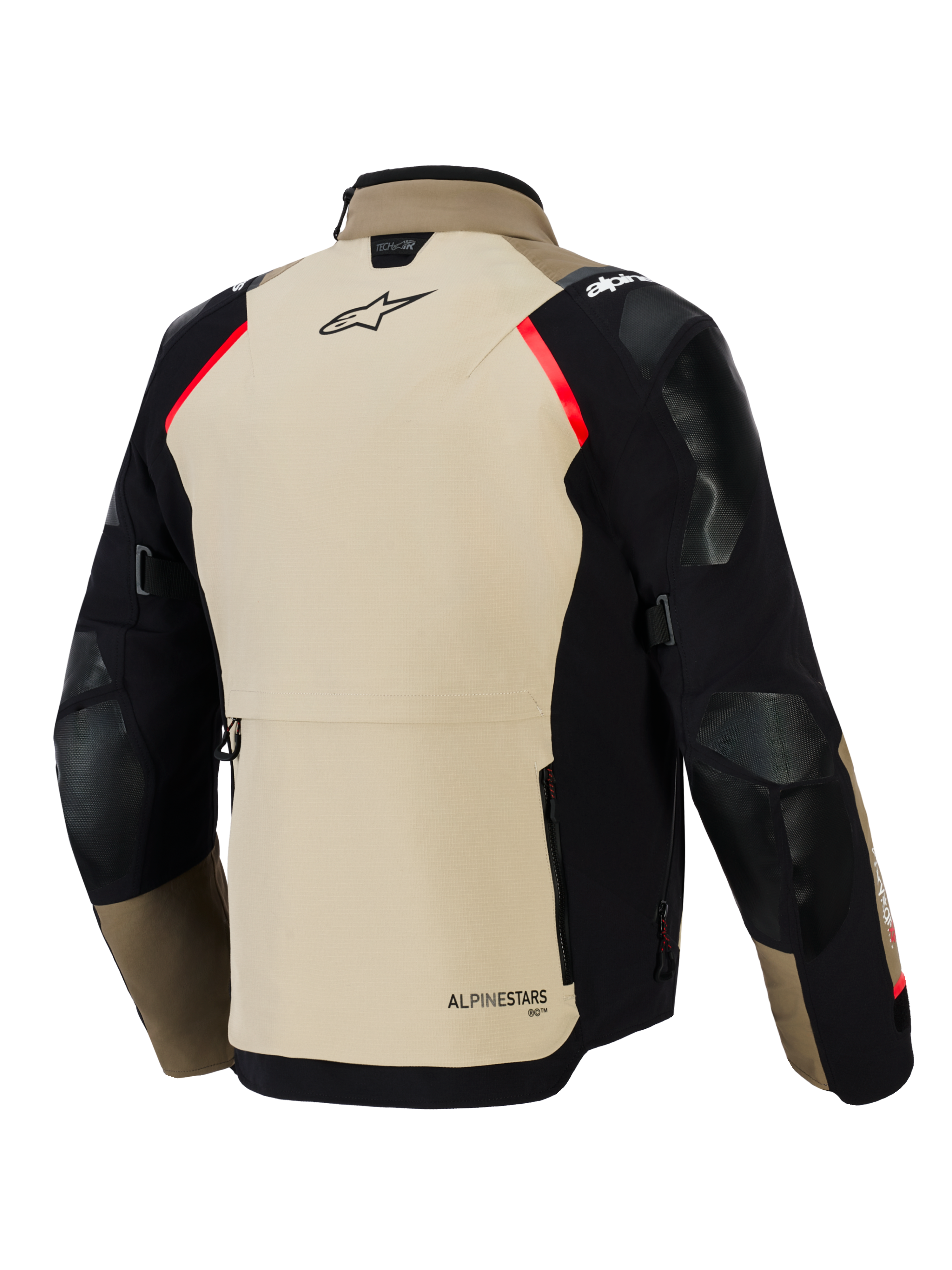 Kurtka Alpinestars Andes Pro Drystar® XF, widok z tyłu, kolor orzechowy i czarny z czerwonymi akcentami, wzmocnione panele na ramionach i łokciach, duża tylna kieszeń bagażowa, branding Alpinestars, odzież motocyklowa adventure touring