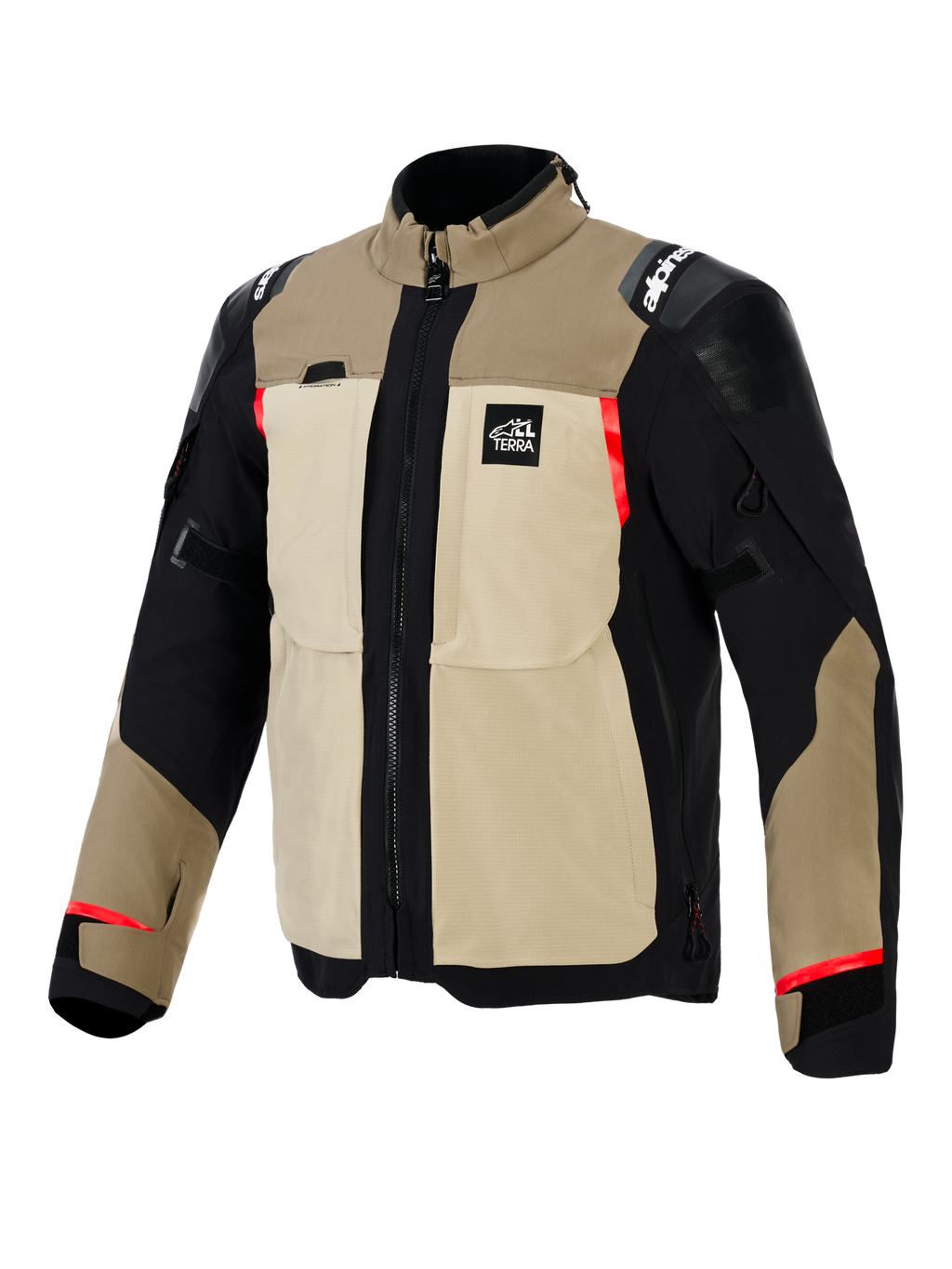 Kurtka Alpinestars Andes Pro Drystar® XF, motocyklowa kurtka adventure, kolorystyka Walnut i Aluminum, piaskowo-czarna konstrukcja tekstylna z czerwonymi akcentami, duże kieszenie na piersi, logo „All Terra”, wzmocnione panele na ramionach