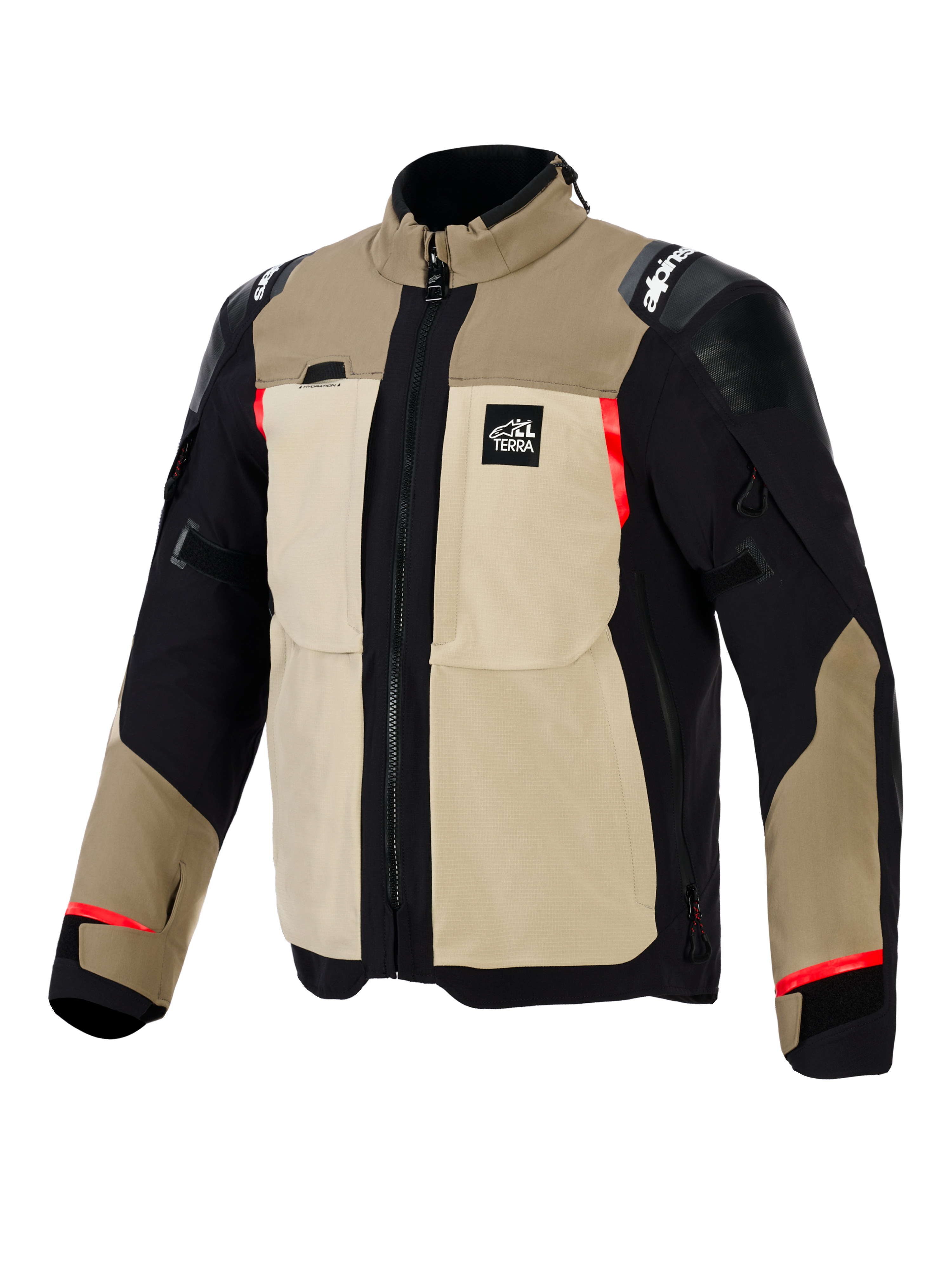 Kurtka Alpinestars Andes Pro Drystar® XF, motocyklowa kurtka adventure, kolorystyka Walnut i Aluminum, piaskowo-czarna konstrukcja tekstylna z czerwonymi akcentami, duże kieszenie na piersi, logo „All Terra”, wzmocnione panele na ramionach