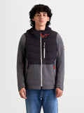 Alpinestars Therma-Tech Waterproof Jacket, men's urban motorcycle textile jacket in black and dark gray, front view on a model wearing jeans, featuring sonic-welded down construction, waterproof membrane, and integrated hood