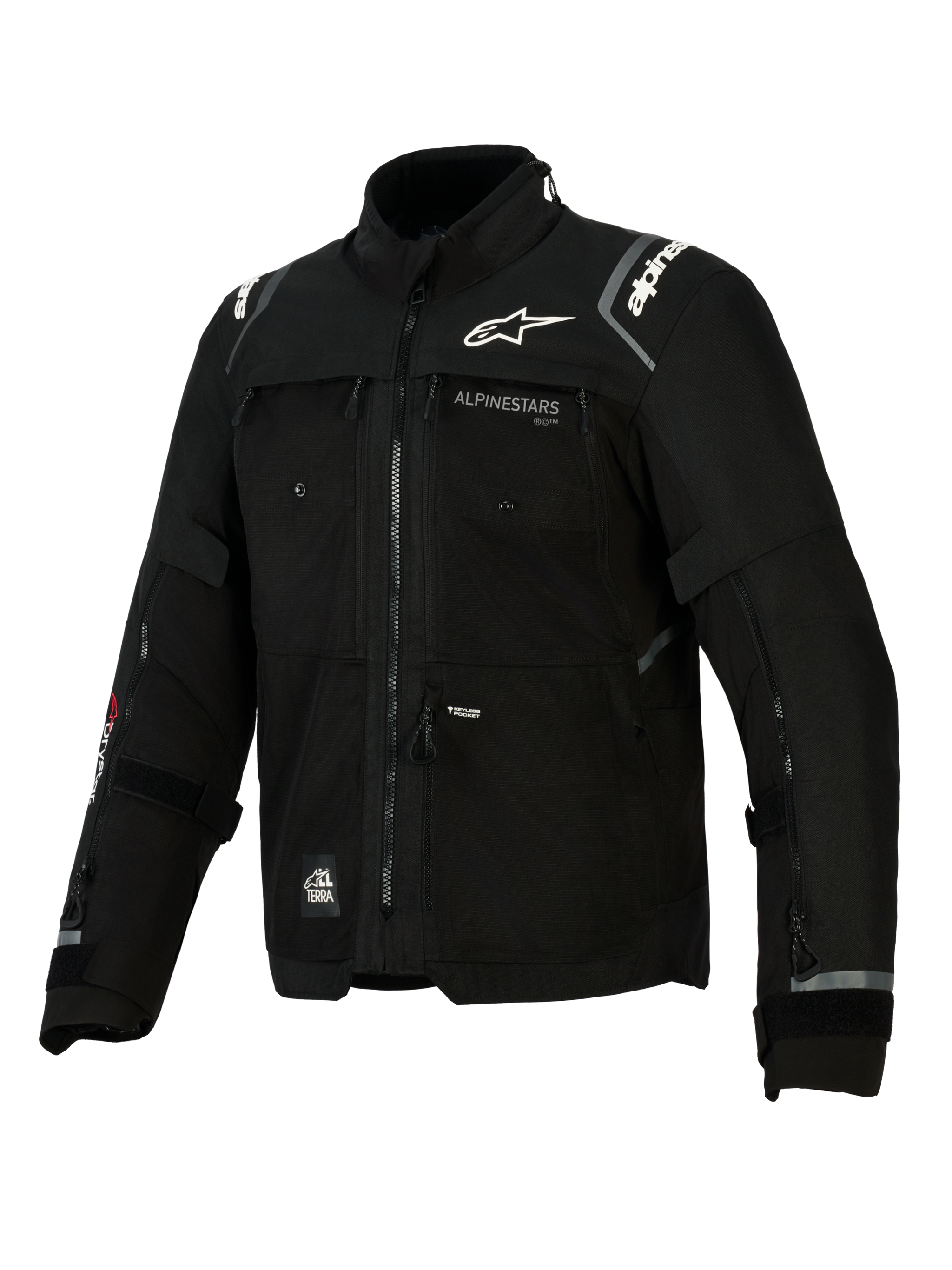 Alpinestars Cusco Drystar® Jacket, czarna kurtka motocyklowa do turystyki adventure, techniczna konstrukcja tekstylna z licznymi zamkami wentylacyjnymi, białe logo Alpinestars na klatce piersiowej i ramionach, branding All Terra oraz detale odblaskowe