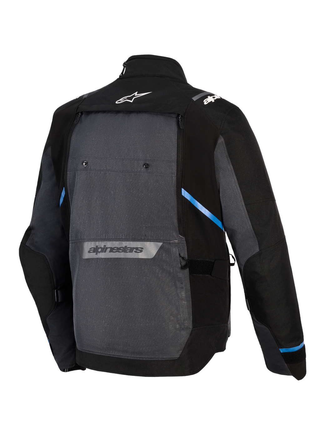 Kurtka Alpinestars Cusco Drystar®, turystyczna kurtka motocyklowa adventure, czarna i ciemnoszara, widok z tyłu ukazujący duży szary panel tylny, niebieskie akcenty, logo Alpinestars w górnej i dolnej części pleców oraz wytrzymała konstrukcja z materiału ripstop