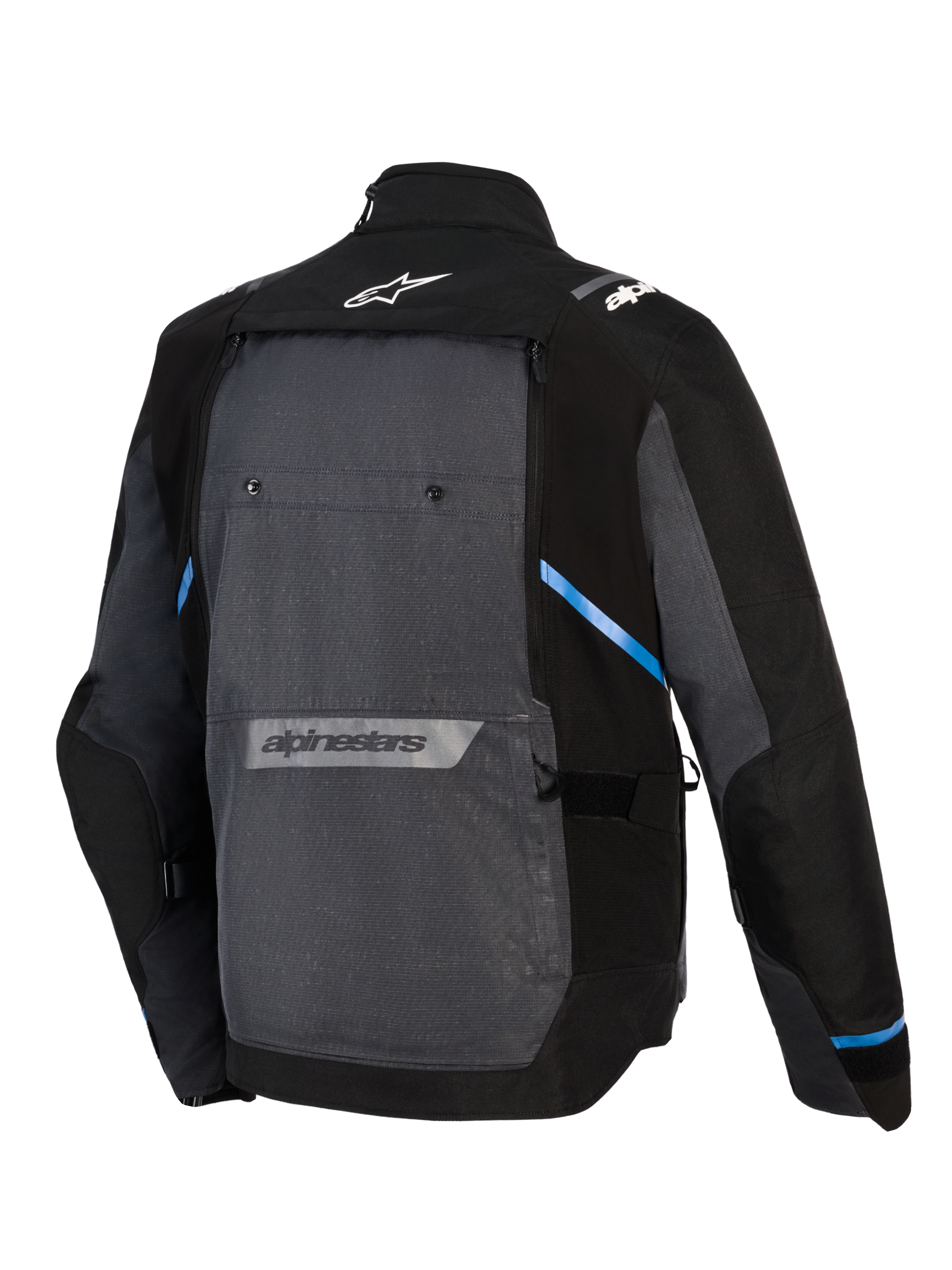 Kurtka Alpinestars Cusco Drystar®, turystyczna kurtka motocyklowa adventure, czarna i ciemnoszara, widok z tyłu ukazujący duży szary panel tylny, niebieskie akcenty, logo Alpinestars w górnej i dolnej części pleców oraz wytrzymała konstrukcja z materiału ripstop