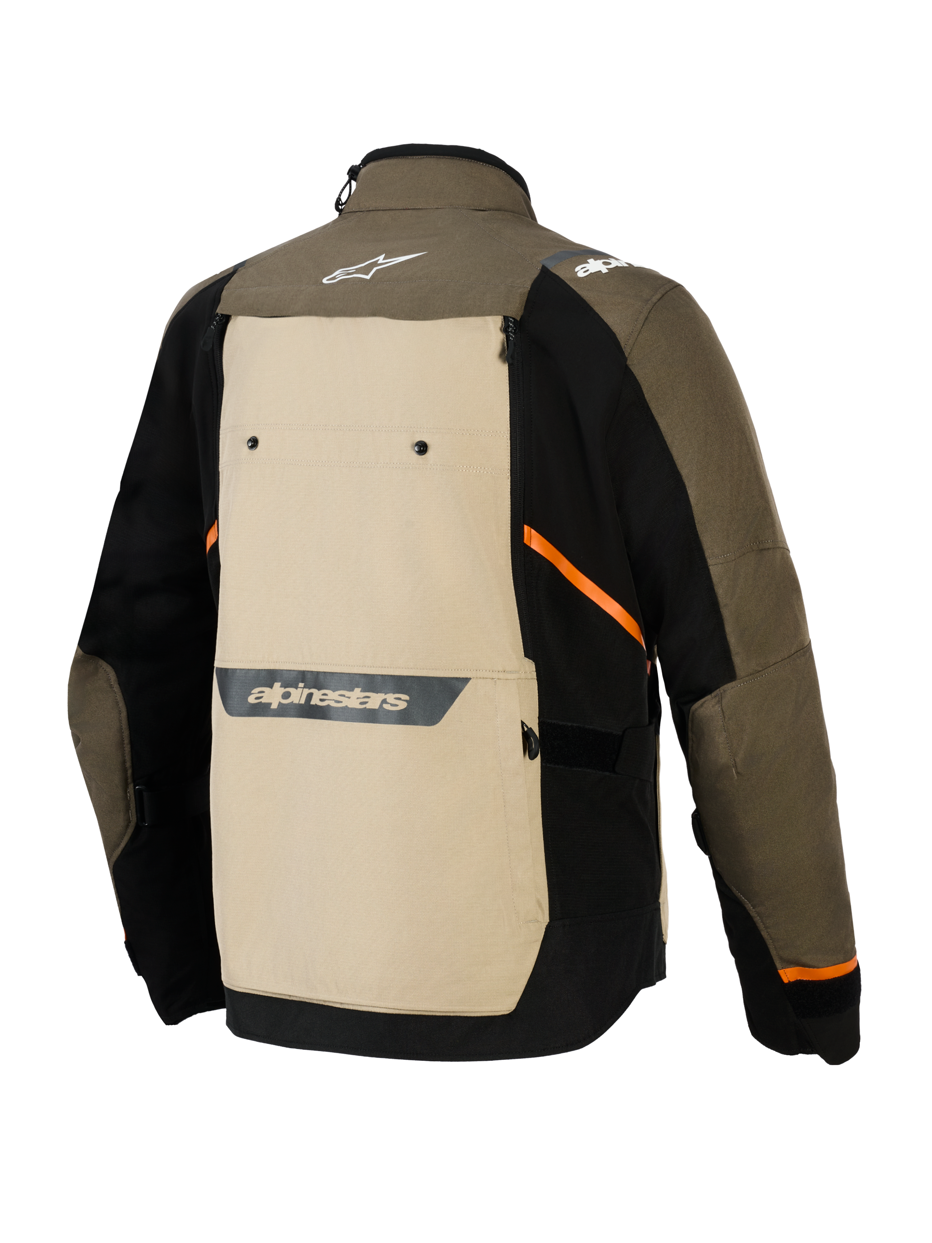 Kurtka Alpinestars Cusco Drystar®, widok z tyłu, kolor Walnut Aluminum Black, tekstylna kurtka motocyklowa adventure z dużym beżowym panelem na plecach, pomarańczowymi ukośnymi akcentami i odblaskowymi logotypami na brązowo-czarnej powłoce.