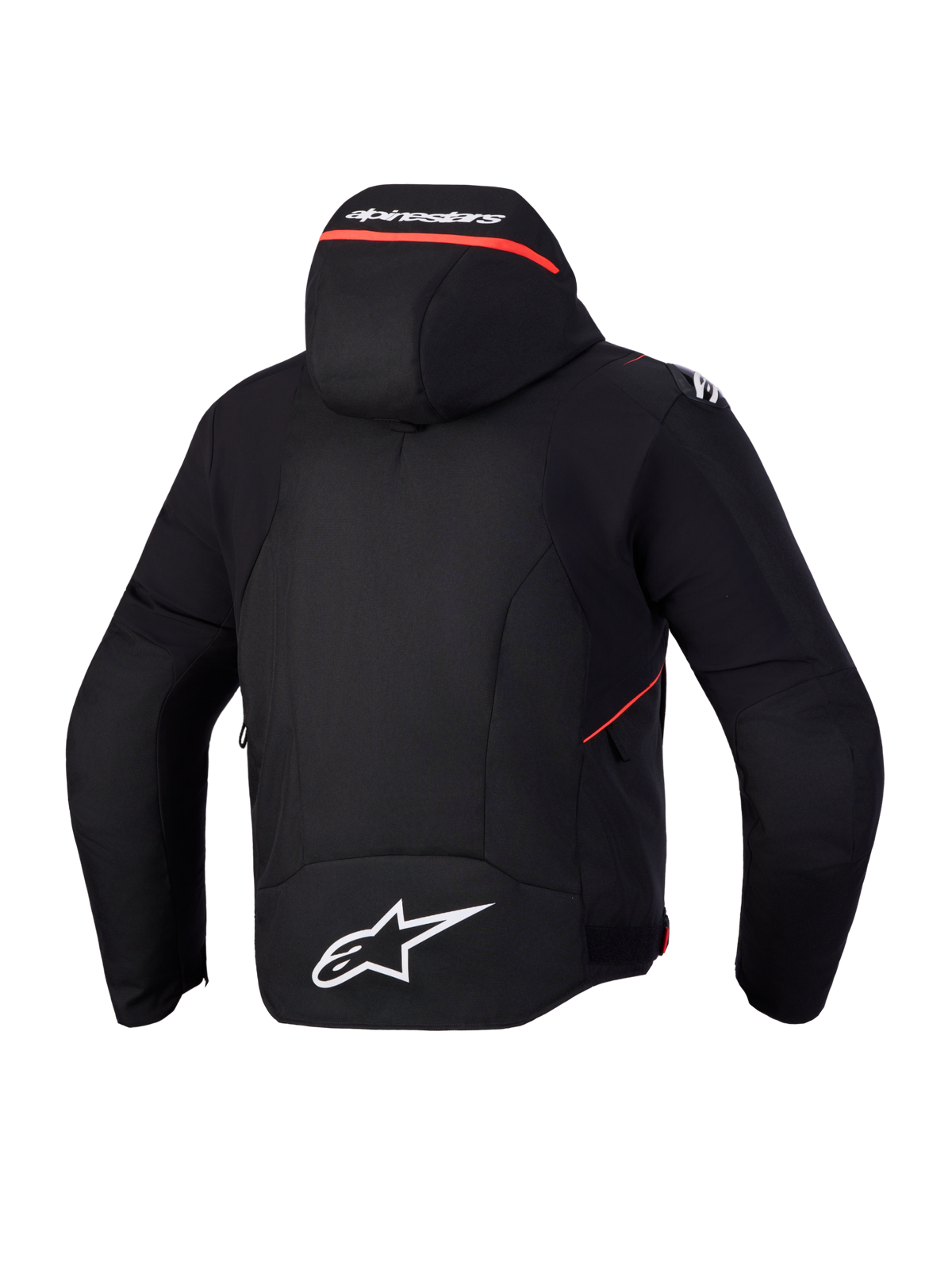 Alpinestars Zaca V2 Waterproof Kurtka, motocyklowa kurtka sportowa, widok z tyłu prezentujący zintegrowany kaptur i białe detale logo, czarna i czerwona, konstrukcja z certyfikatem CE
