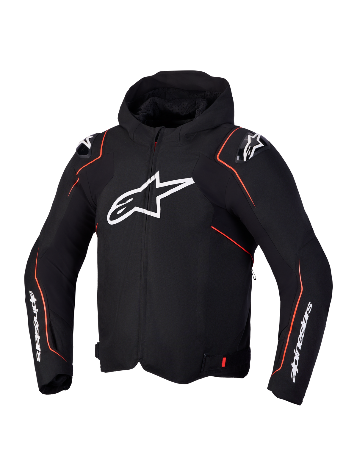Alpinestars Zaca V2 Waterproof Jacket, czarna motocyklowa kurtka sportowa z czerwonymi akcentami i białym logo, z kapturem oraz ochraniaczami ramion