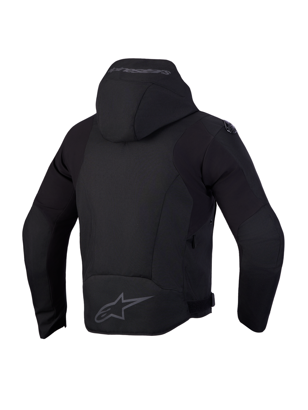 Alpinestars Zaca V2 Waterproof Kurtka, czarna wodoodporna kurtka motocyklowa, widok z tyłu z zintegrowanym kapturem i ochroną ramion
