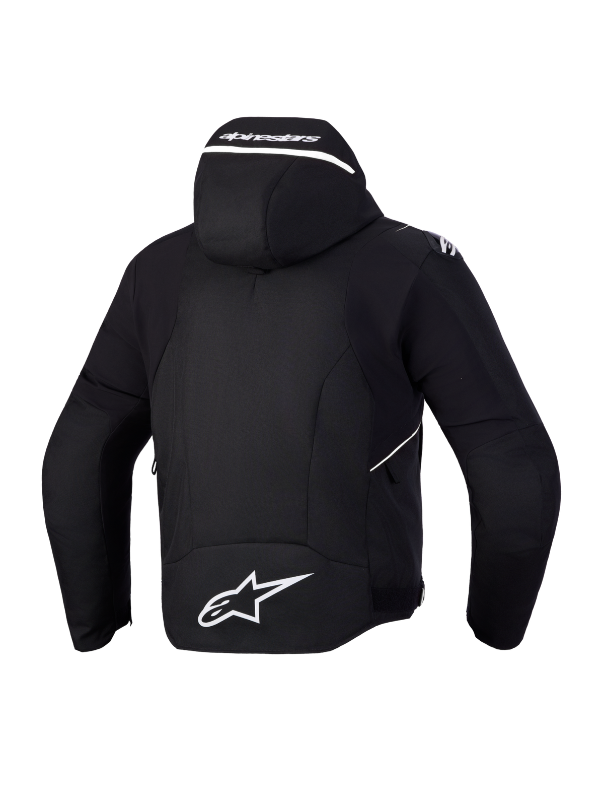 Alpinestars Zaca V2 Waterproof Jacket, Men's Black and White textile motorcycle racing jacket with integrated hood and rear A-star logo, rear view showing CE-certified protective construction
