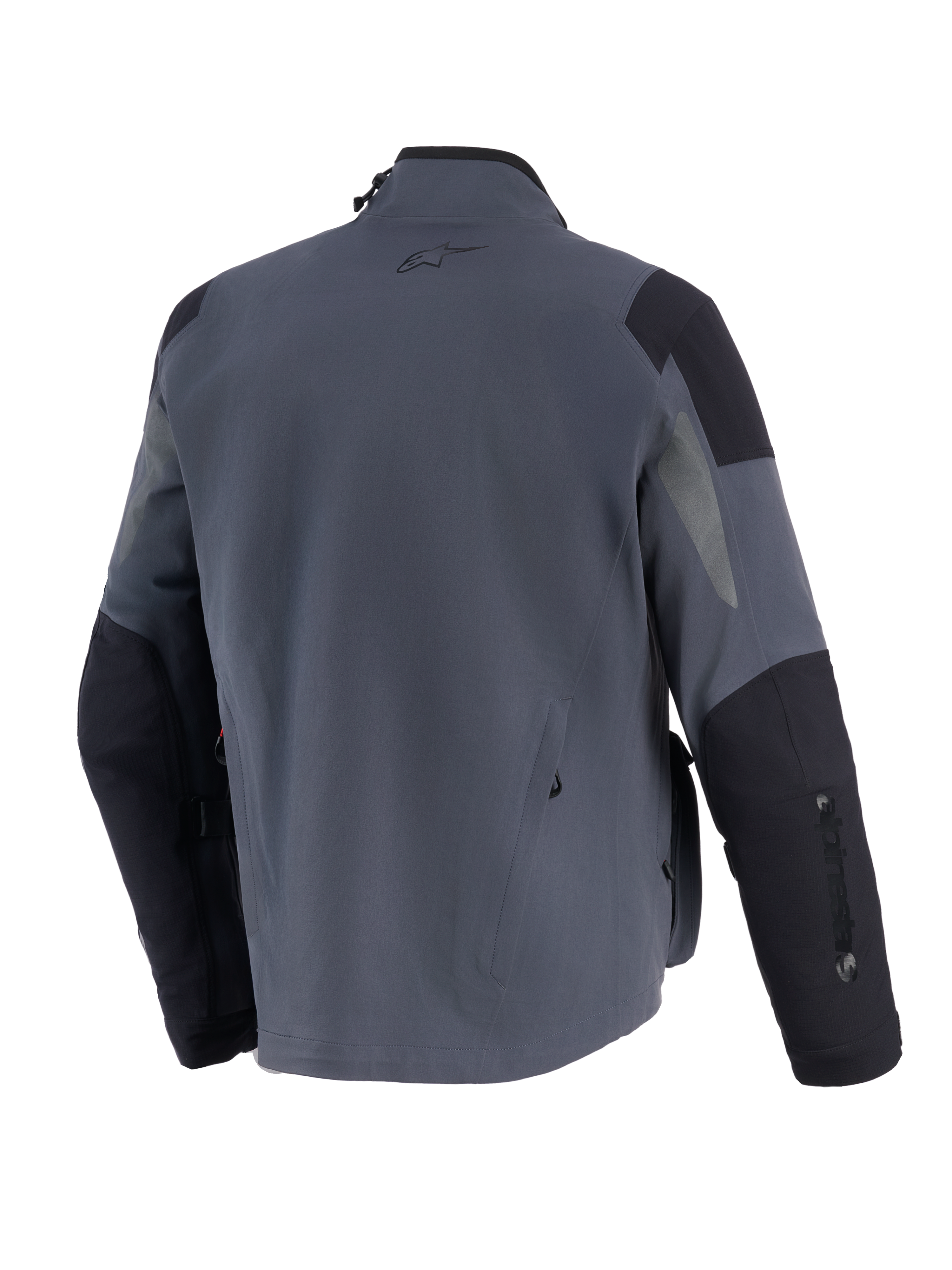 Alpinestars Maxdura Drystar®XF Laminated Armored Shell, Technical Adventure Motorcycle Jacket, Deep Gray and Black, back view featuring reinforced shoulder and elbow panels, small A-star logo on upper back, and vertical branding on the sleeve.