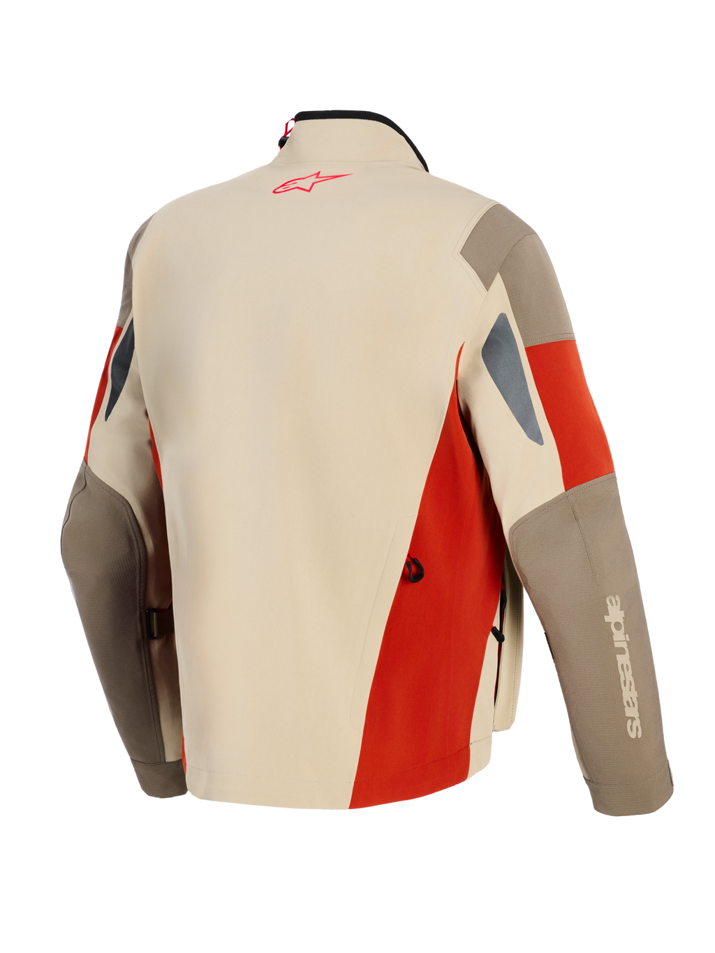 Alpinestars Maxdura Drystar®XF Laminated Armored Shell, kurtka motocyklowa adventure, kolory Aluminum Walnut i Rust Brown, widok z tyłu z czerwonym logo na karku, techniczna wielopanelowa konstrukcja z otworami wentylacyjnymi i wytrzymałą konstrukcją tekstylną