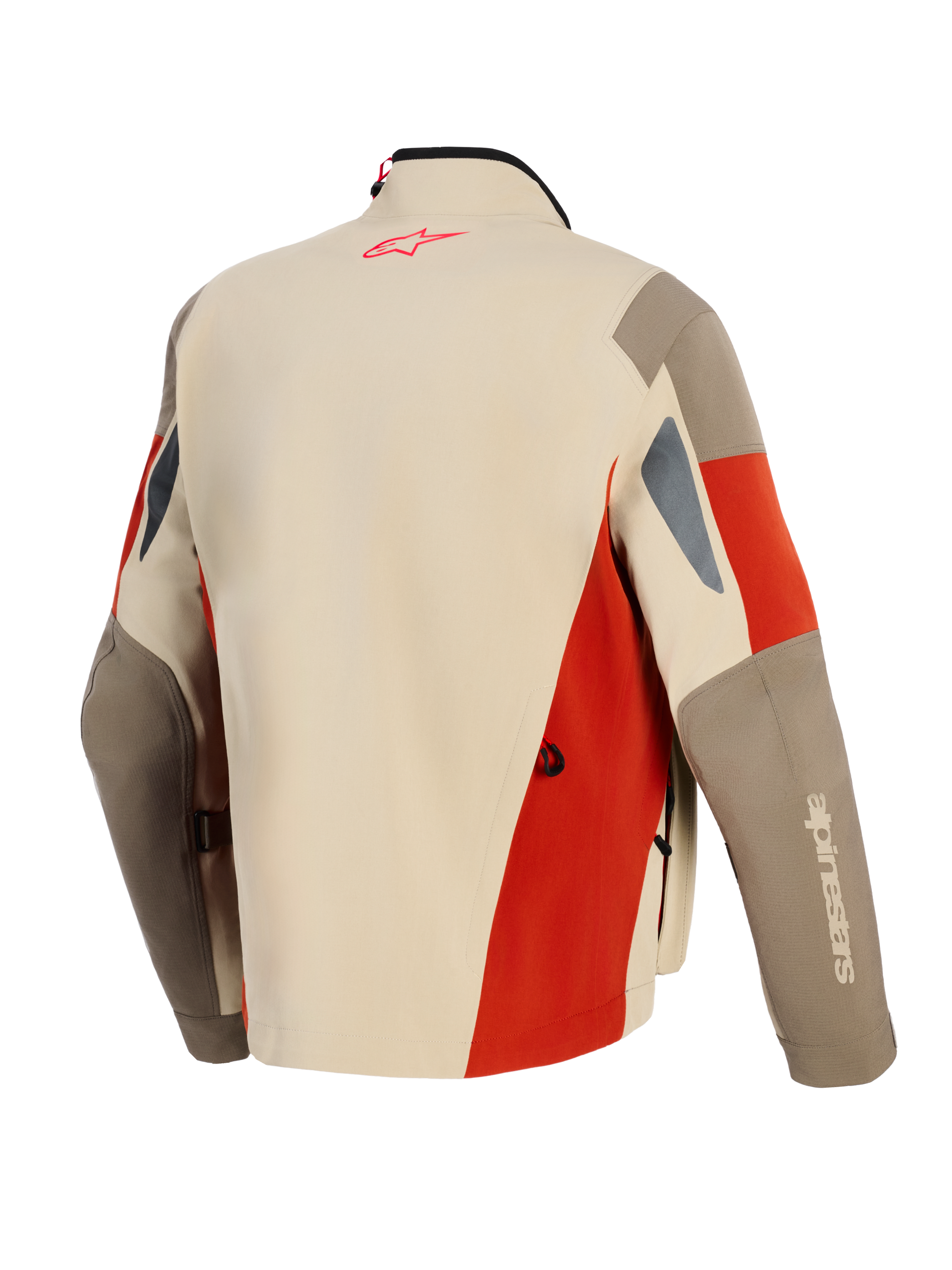 Alpinestars Maxdura Drystar®XF Laminated Armored Shell, kurtka motocyklowa adventure, kolory Aluminum Walnut i Rust Brown, widok z tyłu z czerwonym logo na karku, techniczna wielopanelowa konstrukcja z otworami wentylacyjnymi i wytrzymałą konstrukcją tekstylną