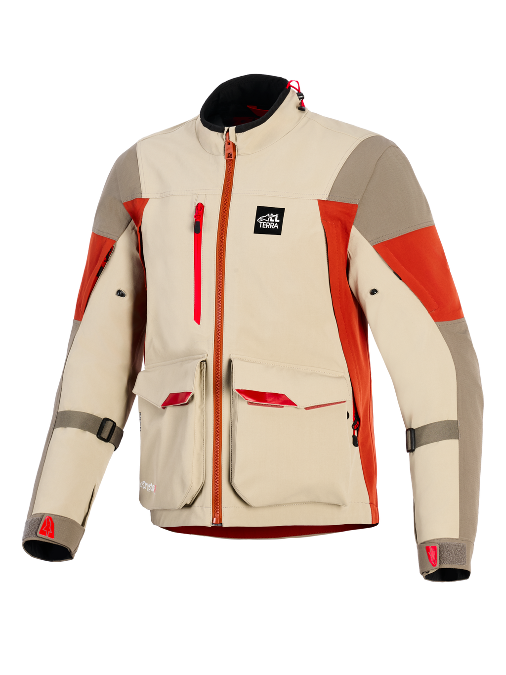 Alpinestars Maxdura Drystar®XF Laminated Armored Shell, kurtka motocyklowa adventure, w kolorze Aluminum Walnut i Rust Brown, wyposażona w duże przednie kieszenie cargo z czerwonymi akcentami, pionowy zamek na klatce piersiowej, naszywkę All Terra oraz techniczną 3-warstwową laminowaną konstrukcję.