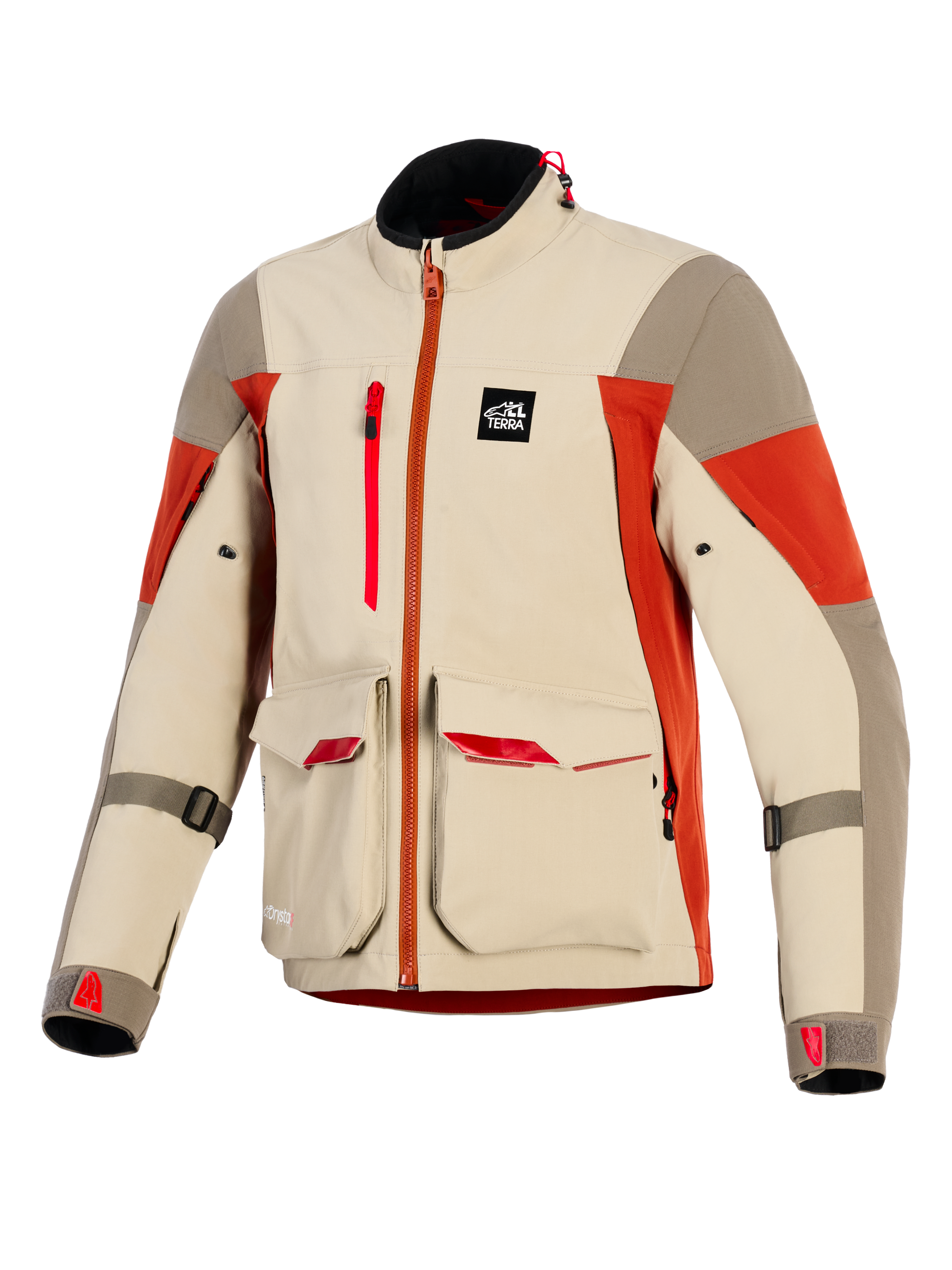 Alpinestars Maxdura Drystar®XF Laminated Armored Shell, kurtka motocyklowa adventure, w kolorze Aluminum Walnut i Rust Brown, wyposażona w duże przednie kieszenie cargo z czerwonymi akcentami, pionowy zamek na klatce piersiowej, naszywkę All Terra oraz techniczną 3-warstwową laminowaną konstrukcję.