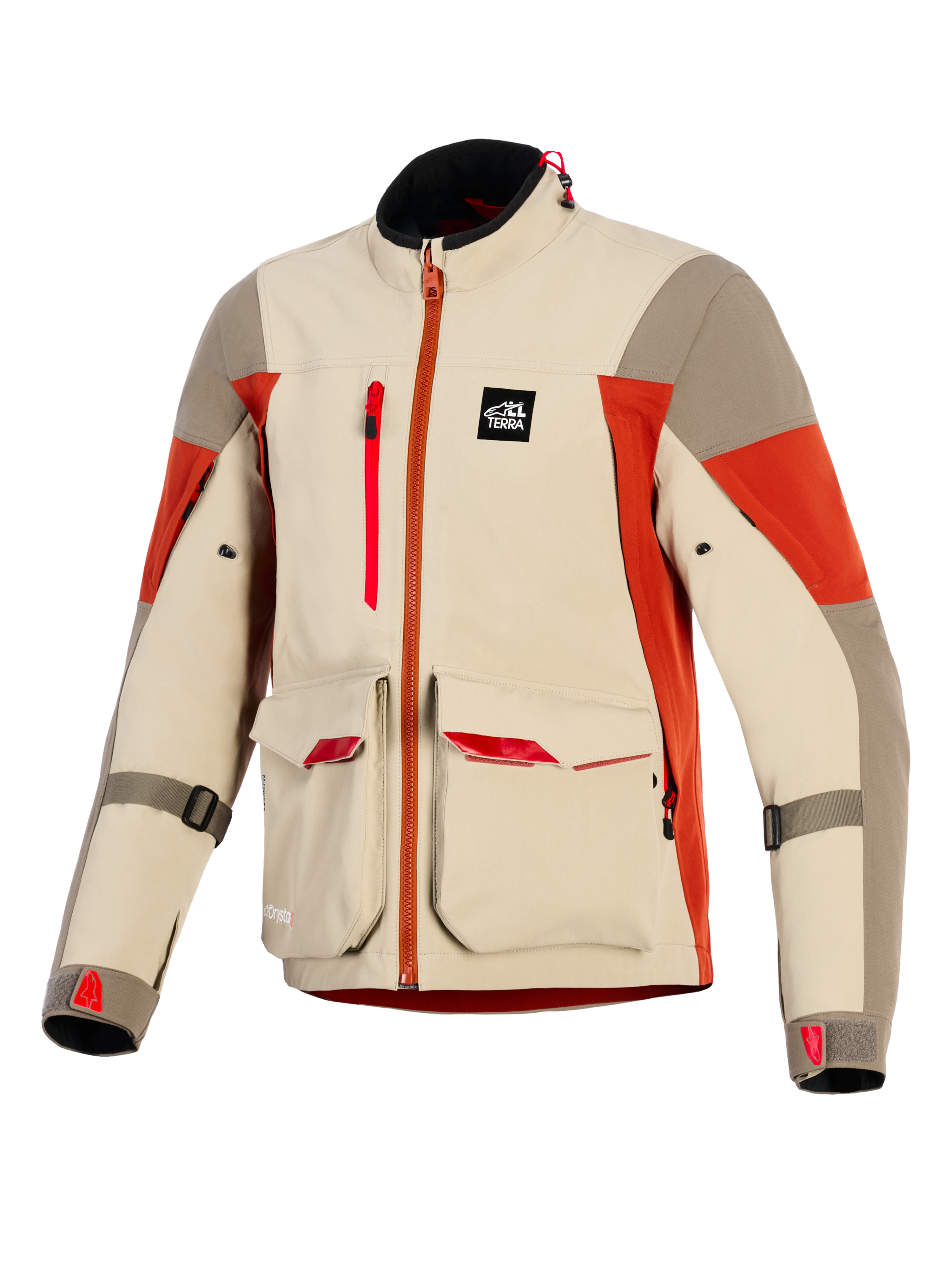 Alpinestars Maxdura Drystar®XF Laminated Armored Shell, kurtka motocyklowa adventure, w kolorze Aluminum Walnut i Rust Brown, wyposażona w duże przednie kieszenie cargo z czerwonymi akcentami, pionowy zamek na klatce piersiowej, naszywkę All Terra oraz techniczną 3-warstwową laminowaną konstrukcję.