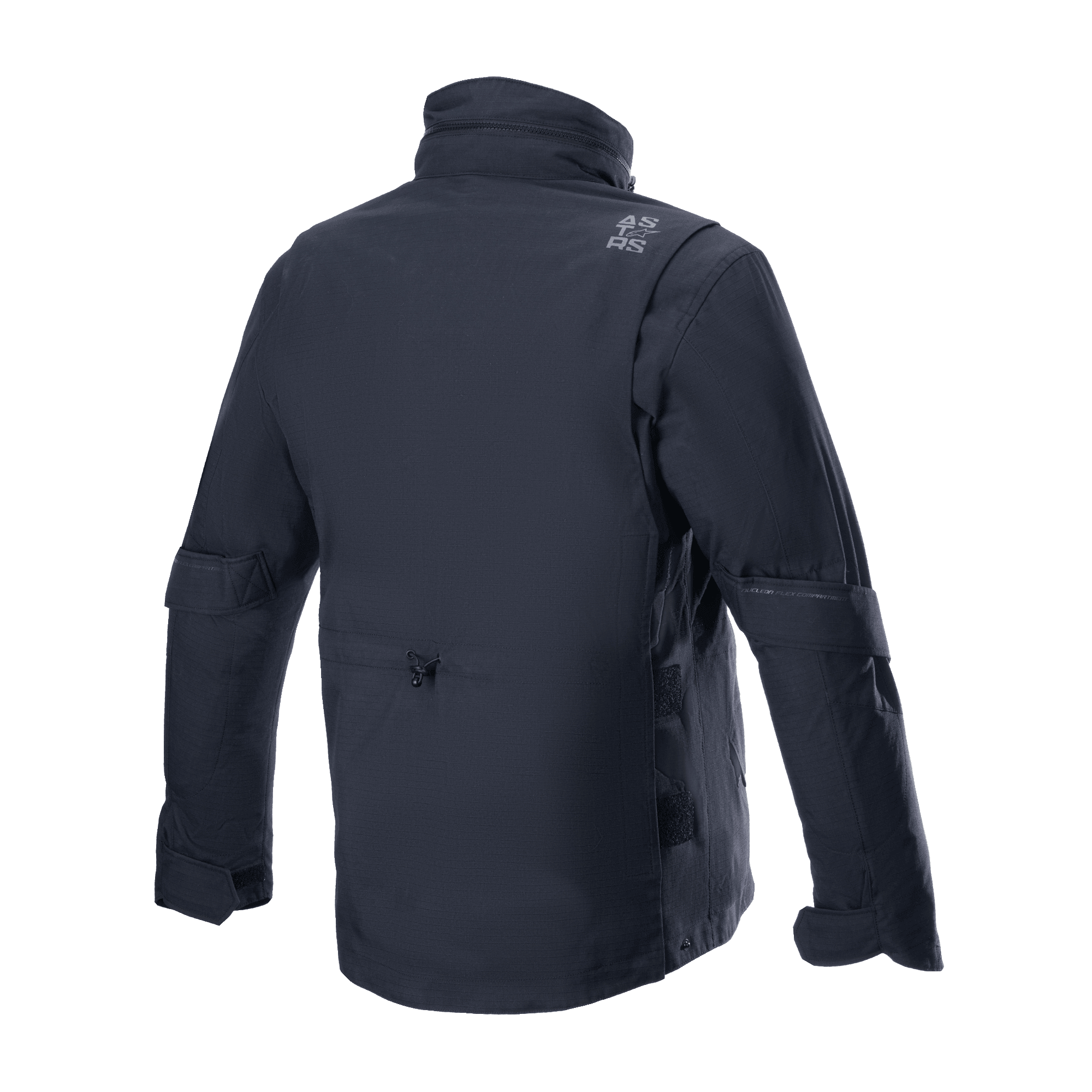 Alpinestars MO.ST.EQ Field Waterproof Primaloft Jacket, czarna kurtka motocyklowa, widok z tyłu, współczesny design inspirowany stylem streetwear, konstrukcja z tkaniny ripstop, wysoki kołnierz i subtelne szare logo na ramieniu