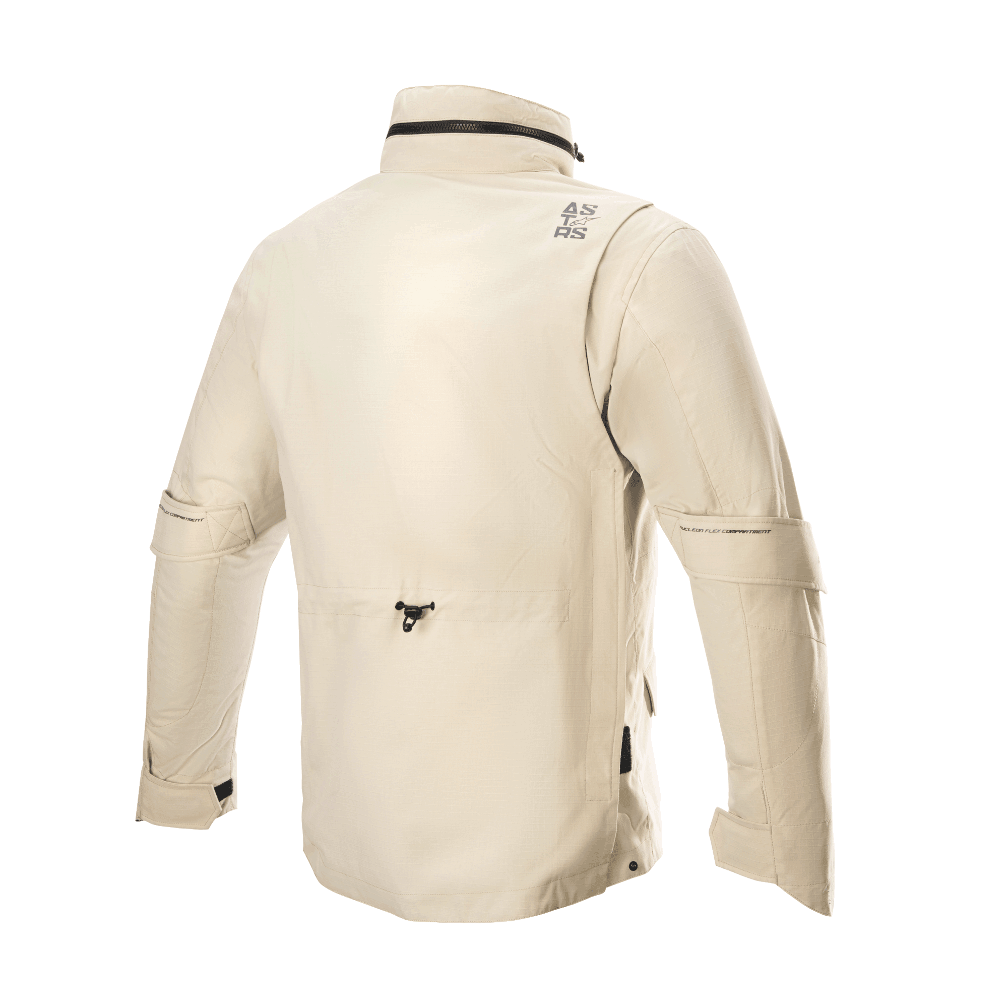 Alpinestars MO.ST.EQ Field Waterproof Primaloft Jacket, kurtka motocyklowa, kolor Sand Military, widok z tyłu, wysoki kołnierz z chowanym kapturem, regulatory objętości rękawów, lekka konstrukcja ripstop w nowoczesnym stylu field jacket