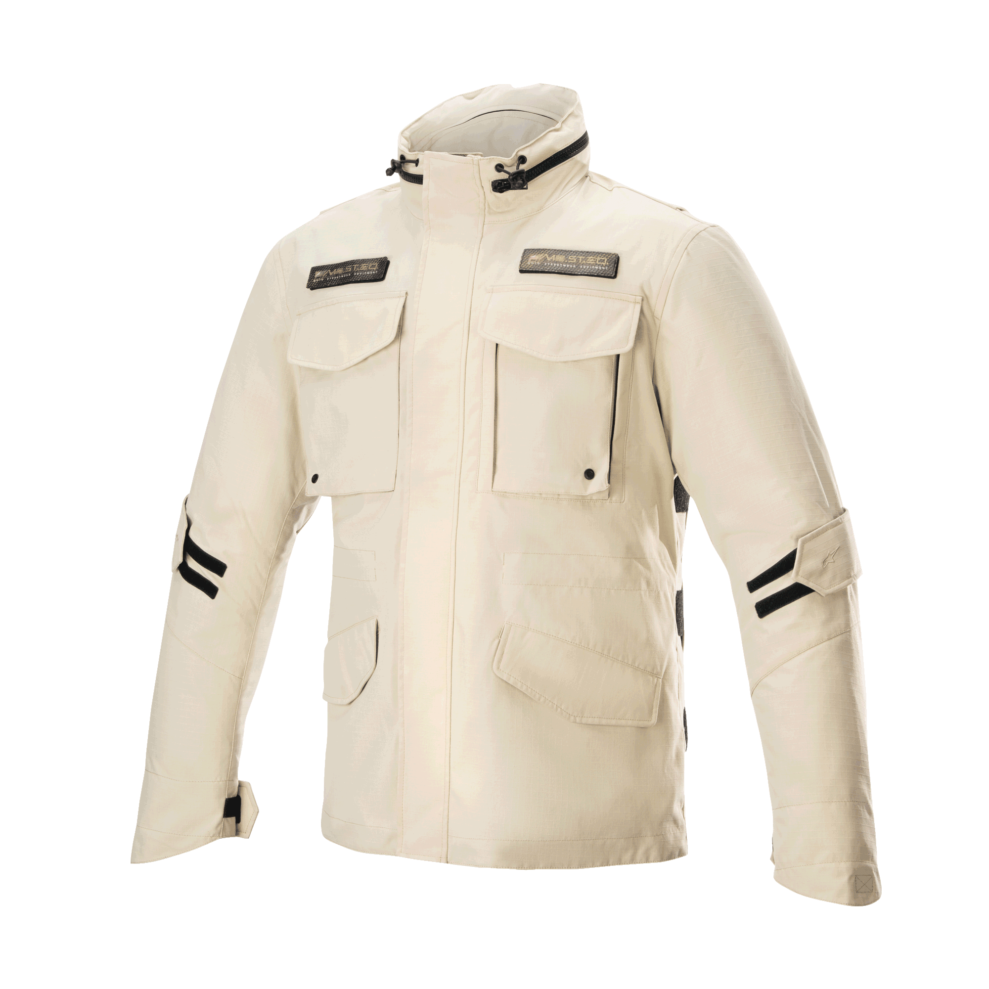 Alpinestars MO.ST.EQ Field Waterproof Primaloft Jacket, miejska kurtka motocyklowa, kolor piaskowy, cztery przednie kieszenie z klapkami, wysoki kołnierz, czarne regulowane paski na rękawach, nowoczesny design streetwearowy, wodoodporna konstrukcja ripstop