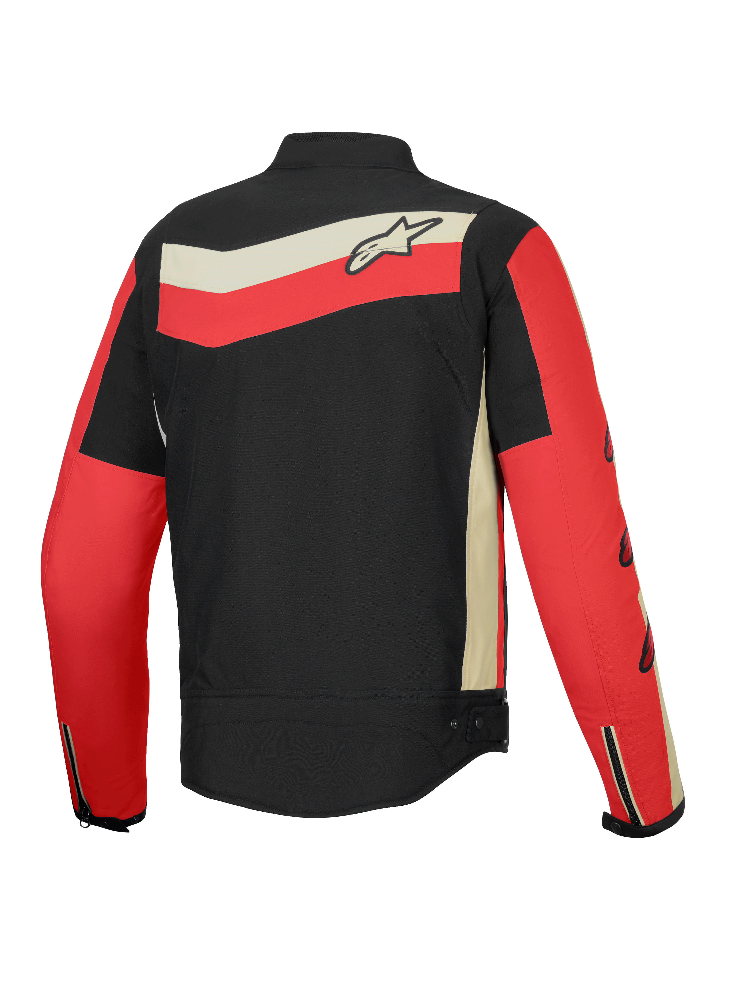 Alpinestars T-Dyno Water Resistant Jacket, men's textile motorcycle riding jacket, back view showing Black, Bright Red, and Ecru colorway with heritage graphics and CE certified protection