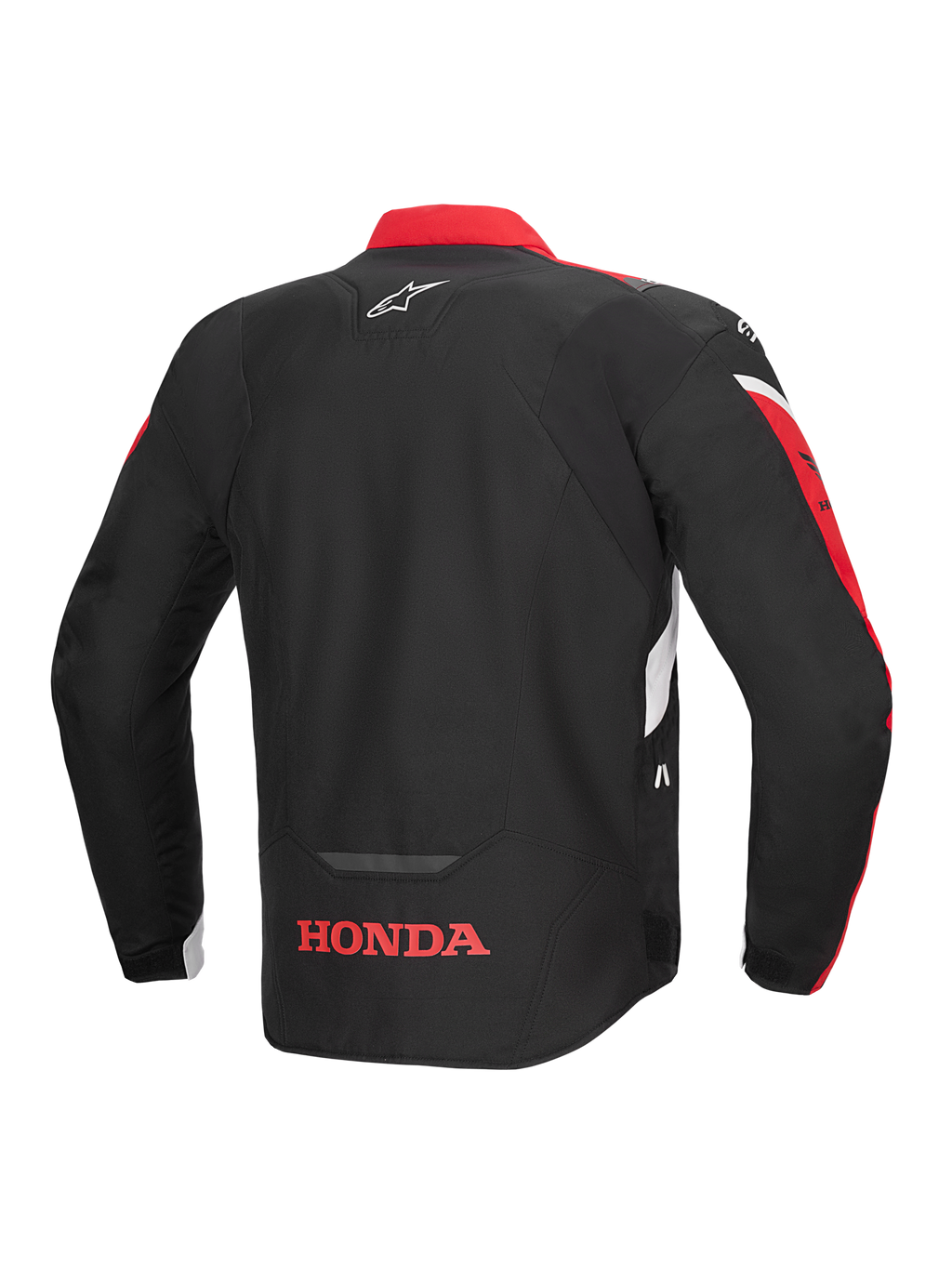 Alpinestars Honda T-Jaws V4 WP Jacket, widok z tyłu, czarna z jaskrawoczerwonymi i białymi akcentami, z czerwonym logo Honda na dole pleców i logo gwiazdy Alpinestars na górze pleców, tekstylna sportowa kurtka motocyklowa z odblaskowymi detalami