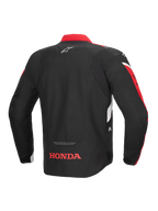 Alpinestars Honda T-Jaws V4 WP Jacket, widok z tyłu, czarna z jaskrawoczerwonymi i białymi akcentami, z czerwonym logo Honda na dole pleców i logo gwiazdy Alpinestars na górze pleców, tekstylna sportowa kurtka motocyklowa z odblaskowymi detalami