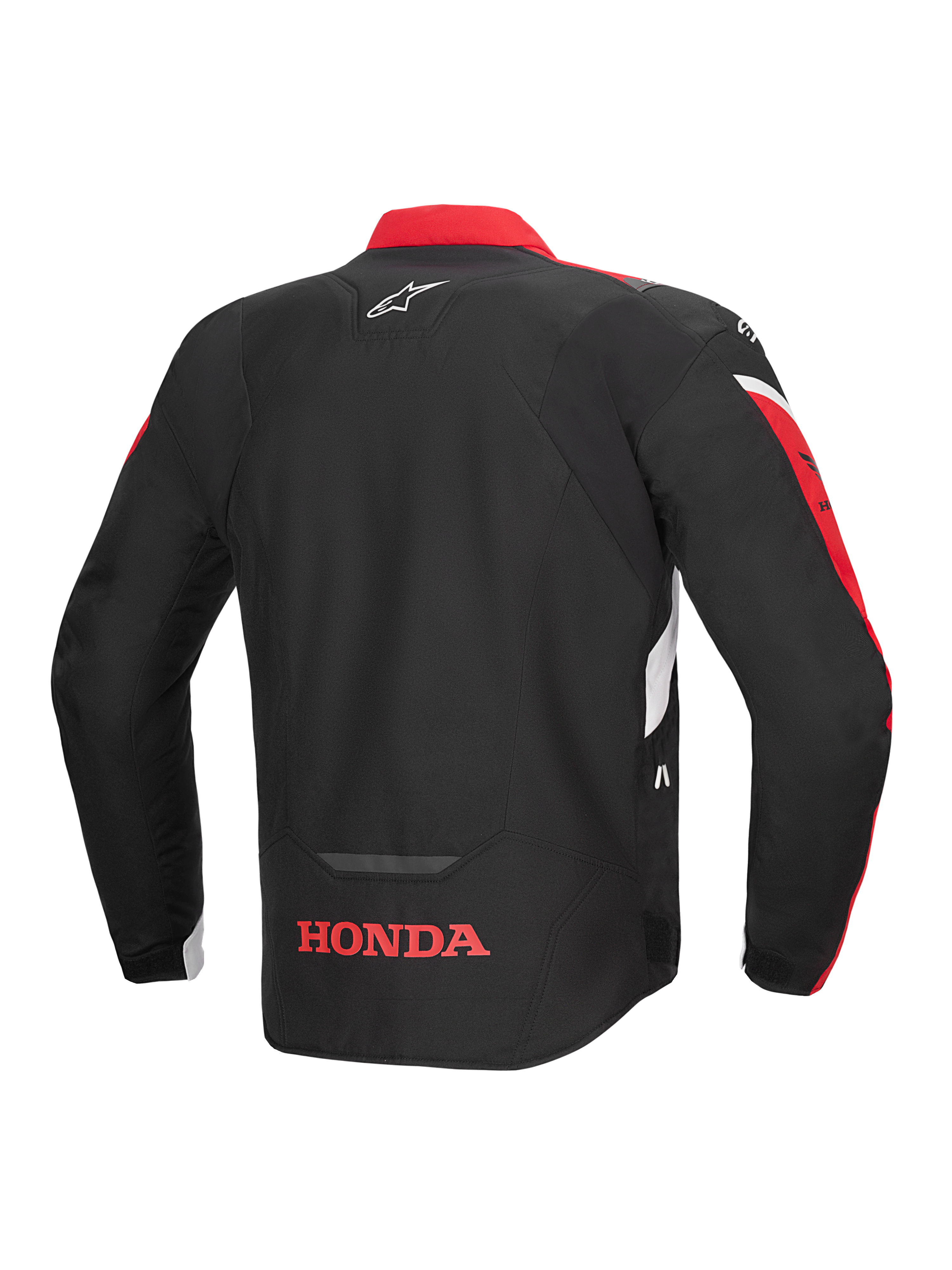 Alpinestars Honda T-Jaws V4 WP Jacket, widok z tyłu, czarna z jaskrawoczerwonymi i białymi akcentami, z czerwonym logo Honda na dole pleców i logo gwiazdy Alpinestars na górze pleców, tekstylna sportowa kurtka motocyklowa z odblaskowymi detalami