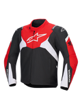 Alpinestars Honda T-Jaws V4 Wp Jacket, techniczna wodoodporna kurtka motocyklowa, czarna, jaskrawoczerwona i biała, z dużym białym logo Astar na klatce piersiowej i brandingiem Honda na rękawach, sportowy design z wysokim kołnierzem i zamkiem błyskawicznym z przodu.