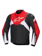 Alpinestars Honda T-Jaws V4 Wp Jacket, techniczna wodoodporna kurtka motocyklowa, czarna, jaskrawoczerwona i biała, z dużym białym logo Astar na klatce piersiowej i brandingiem Honda na rękawach, sportowy design z wysokim kołnierzem i zamkiem błyskawicznym z przodu.