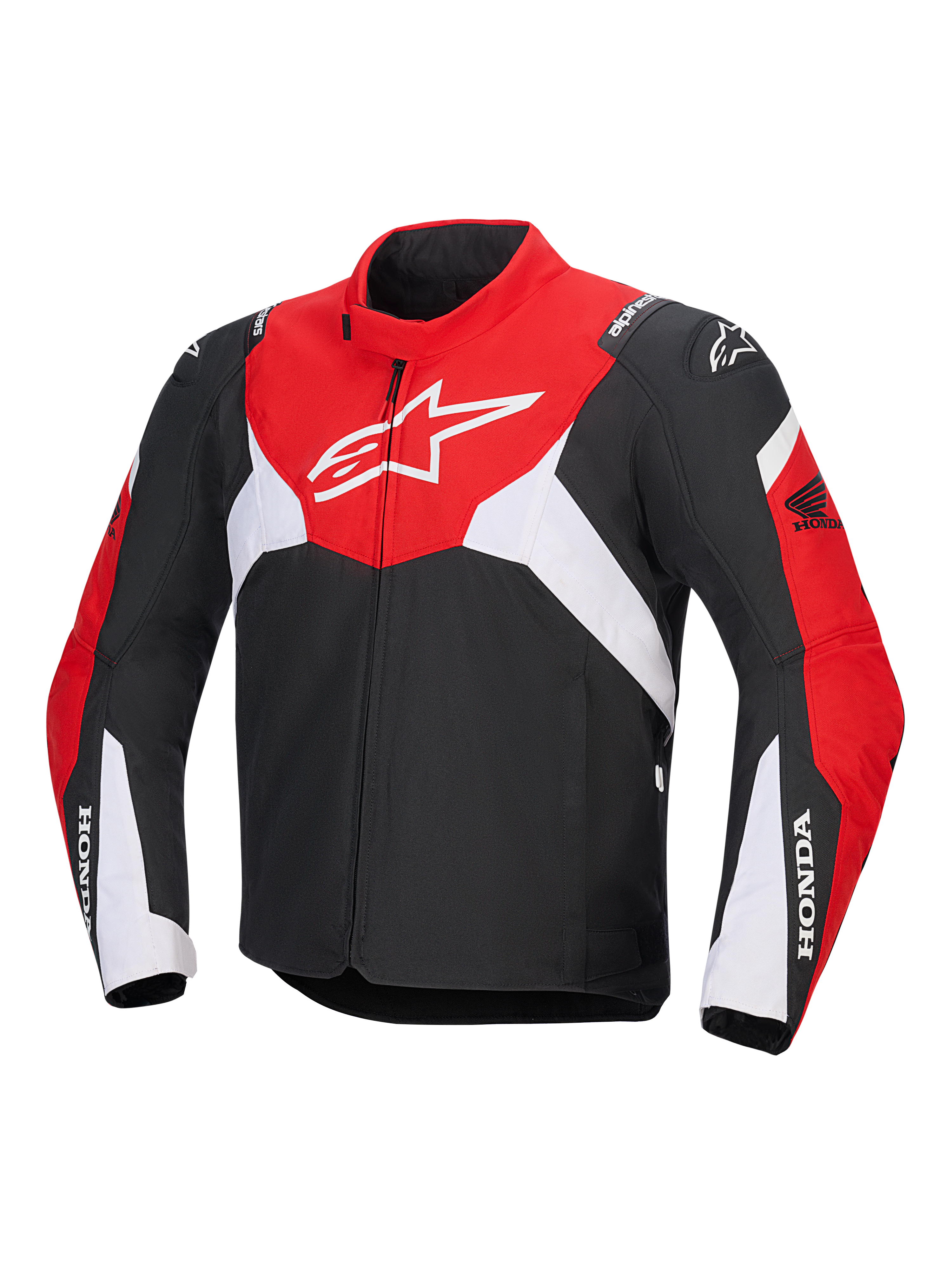 Alpinestars Honda T-Jaws V4 Wp Jacket, techniczna wodoodporna kurtka motocyklowa, czarna, jaskrawoczerwona i biała, z dużym białym logo Astar na klatce piersiowej i brandingiem Honda na rękawach, sportowy design z wysokim kołnierzem i zamkiem błyskawicznym z przodu.
