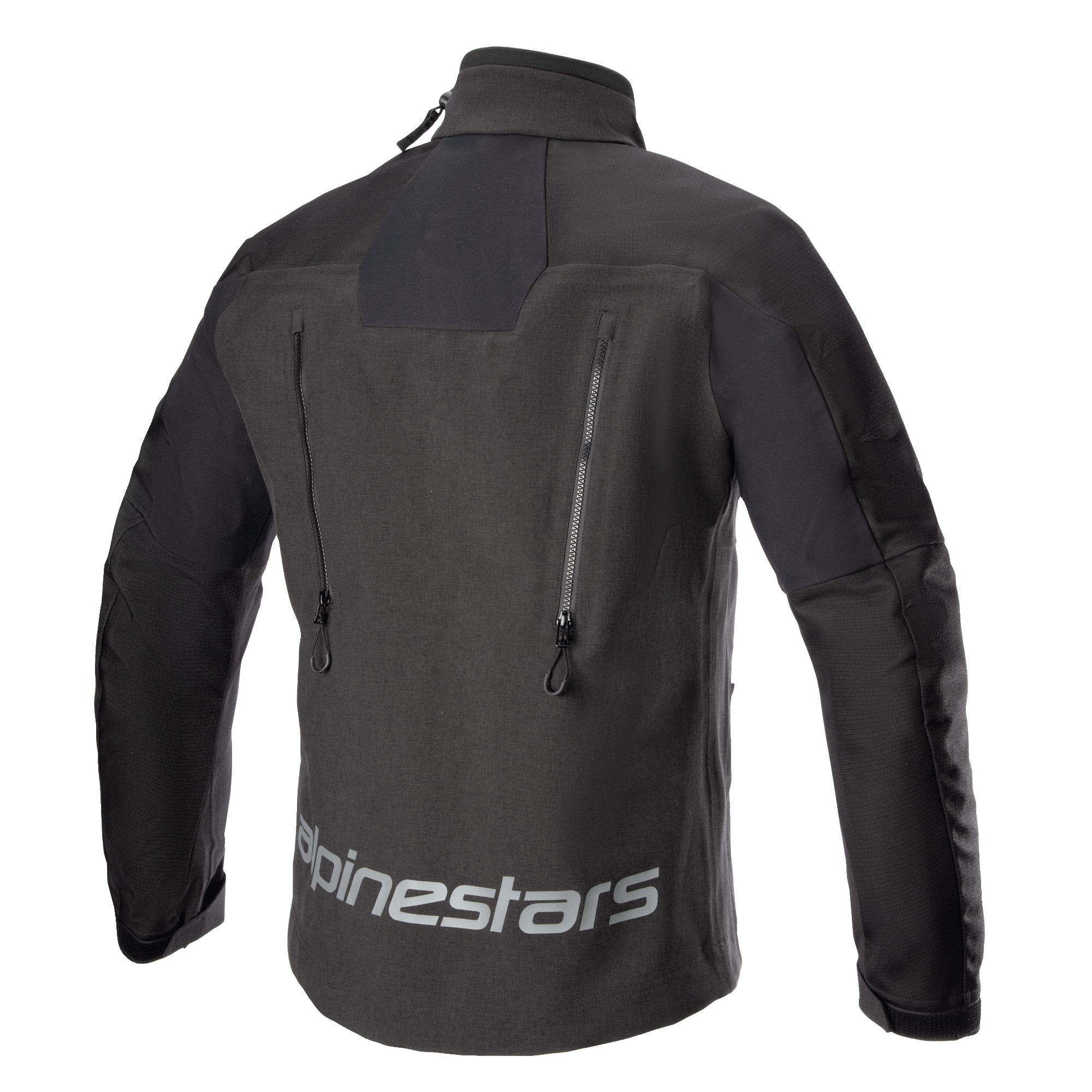 Alpinestars Hyde XT Drystar® XF Jacket, kurtka motocyklowa, czarna, widok z tyłu z dużym odblaskowym logo Alpinestars w dolnej części pleców, dwa pionowe otwory wentylacyjne z zamkami oraz teksturowane panele ripstop